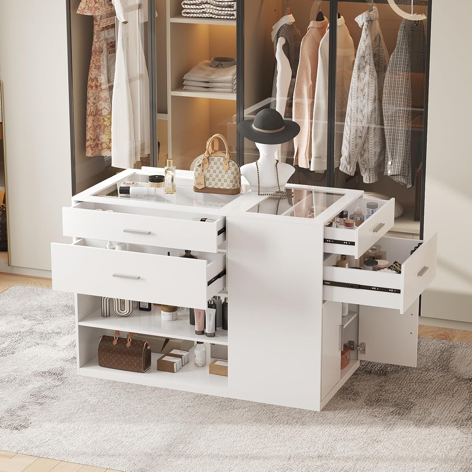 Maupvit Modern White Armoire Bedroom Closet Island with Glass Top, 6 Drawers & Display Shelf