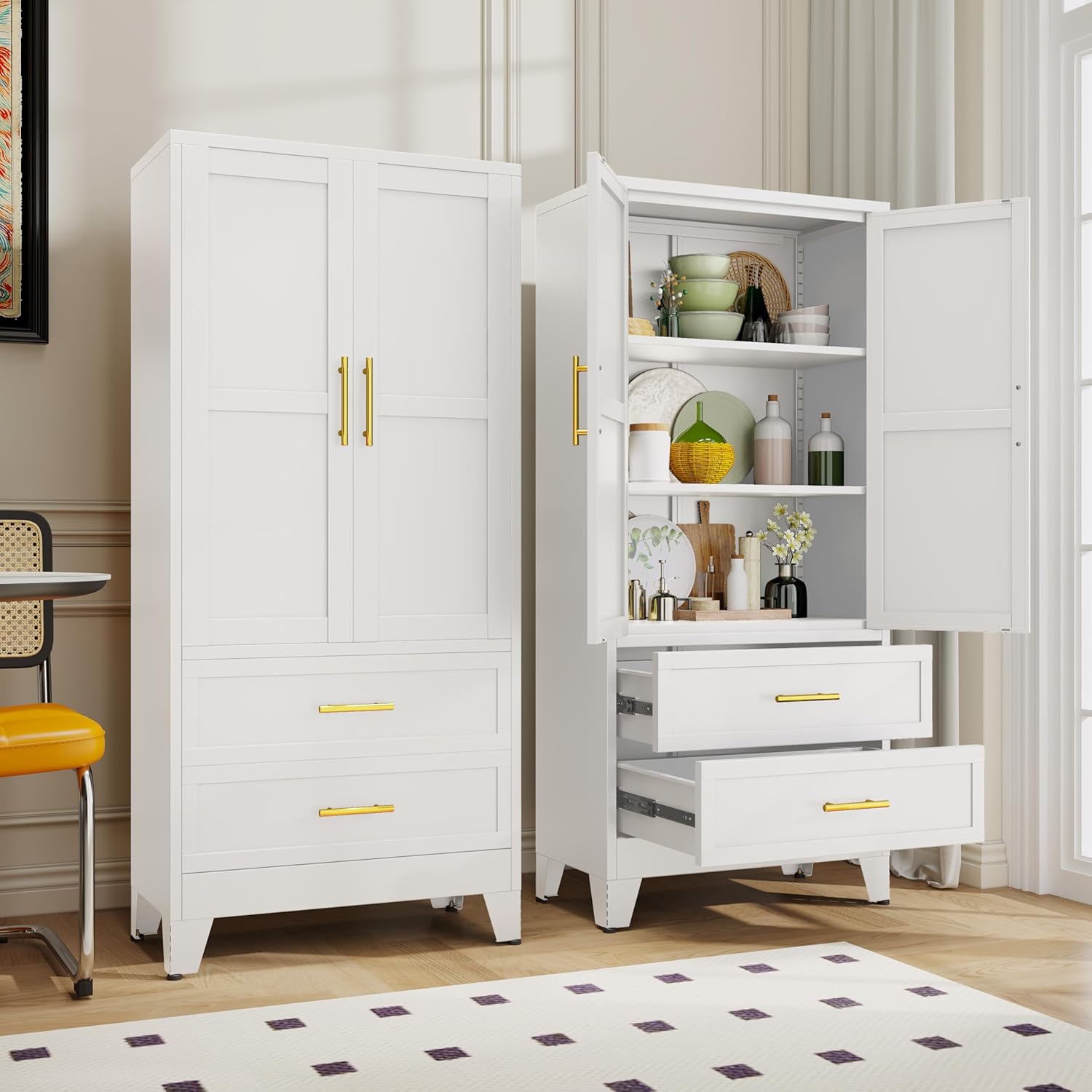 61.02" Metal Storage Cabinet, Pantry Storage Cabinets with 2 Door 2 Adjustable Shelf 2 Drawers, Steel Pantry Cabinet for Home Office Bedroom Kitchen (White), 13.78" D x 27.55" W x 61.02" H