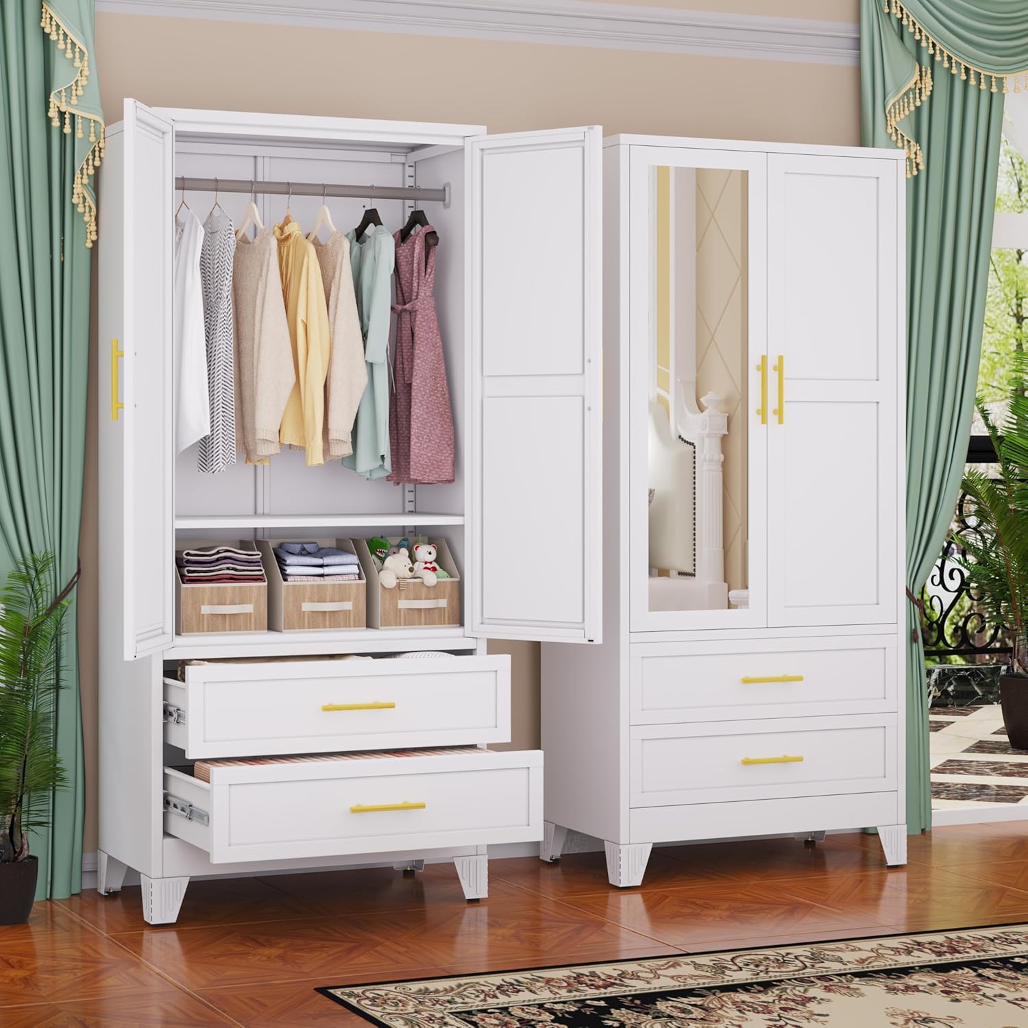 61.02" Metal Storage Cabinet, Pantry Storage Cabinets with 2 Door 2 Adjustable Shelf 2 Drawers, Steel Pantry Cabinet for Home Office Bedroom Kitchen (White), 13.78" D x 27.55" W x 61.02" H