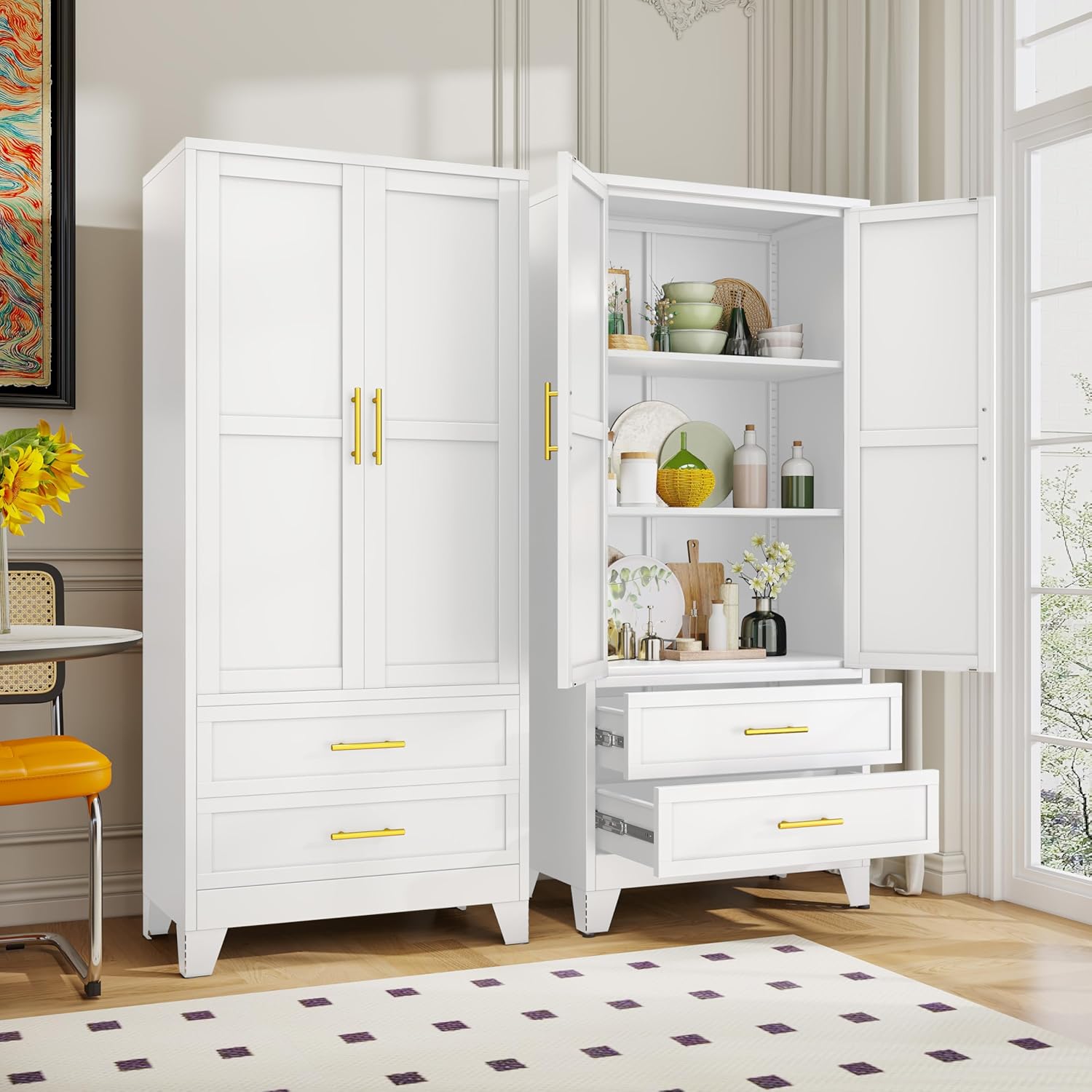 61.02" Metal Storage Cabinet, Pantry Storage Cabinets with 2 Door 2 Adjustable Shelf 2 Drawers, Steel Pantry Cabinet for Home Office Bedroom Kitchen (White), 13.78" D x 27.55" W x 61.02" H