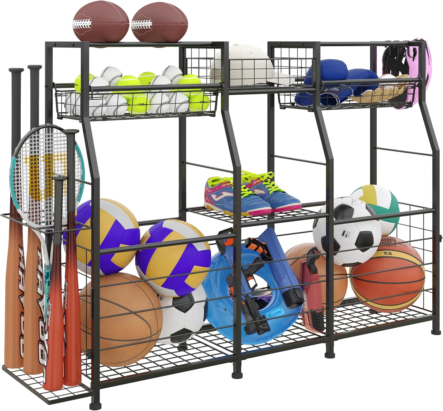Garage Sports Equipment Organizer with Wheels - Ball Storage Rack with Elastic Rope or Wire Mesh,Garage Organizer System,Indoor/Outdoor Sports Rack for Sports Gear and Toys Storage,Black