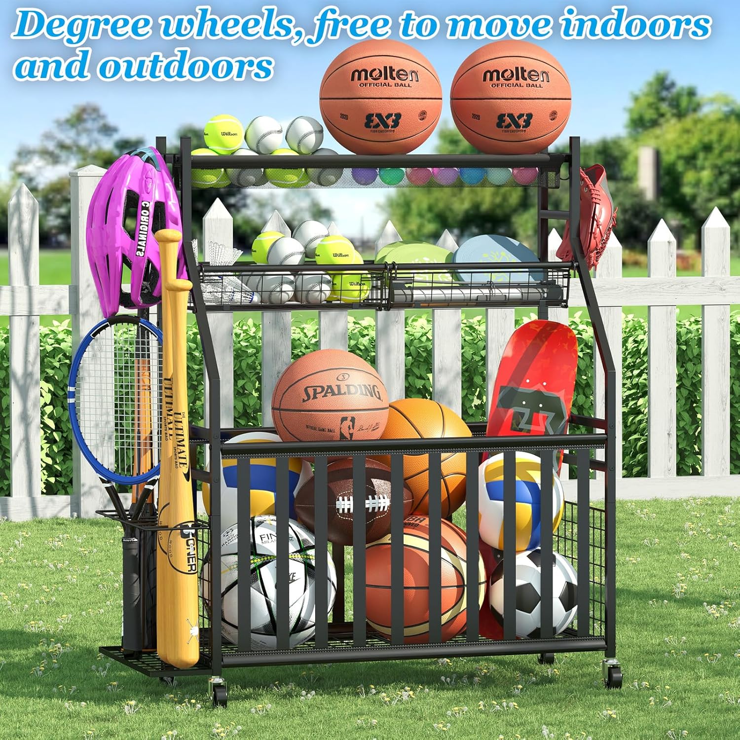 Garage Sports Equipment Organizer,Sports Ball Organizer with Wheels,Basket,Ball Organizer with Baseball Bat Rack and HooksToy Storage Rolling Cart-Black