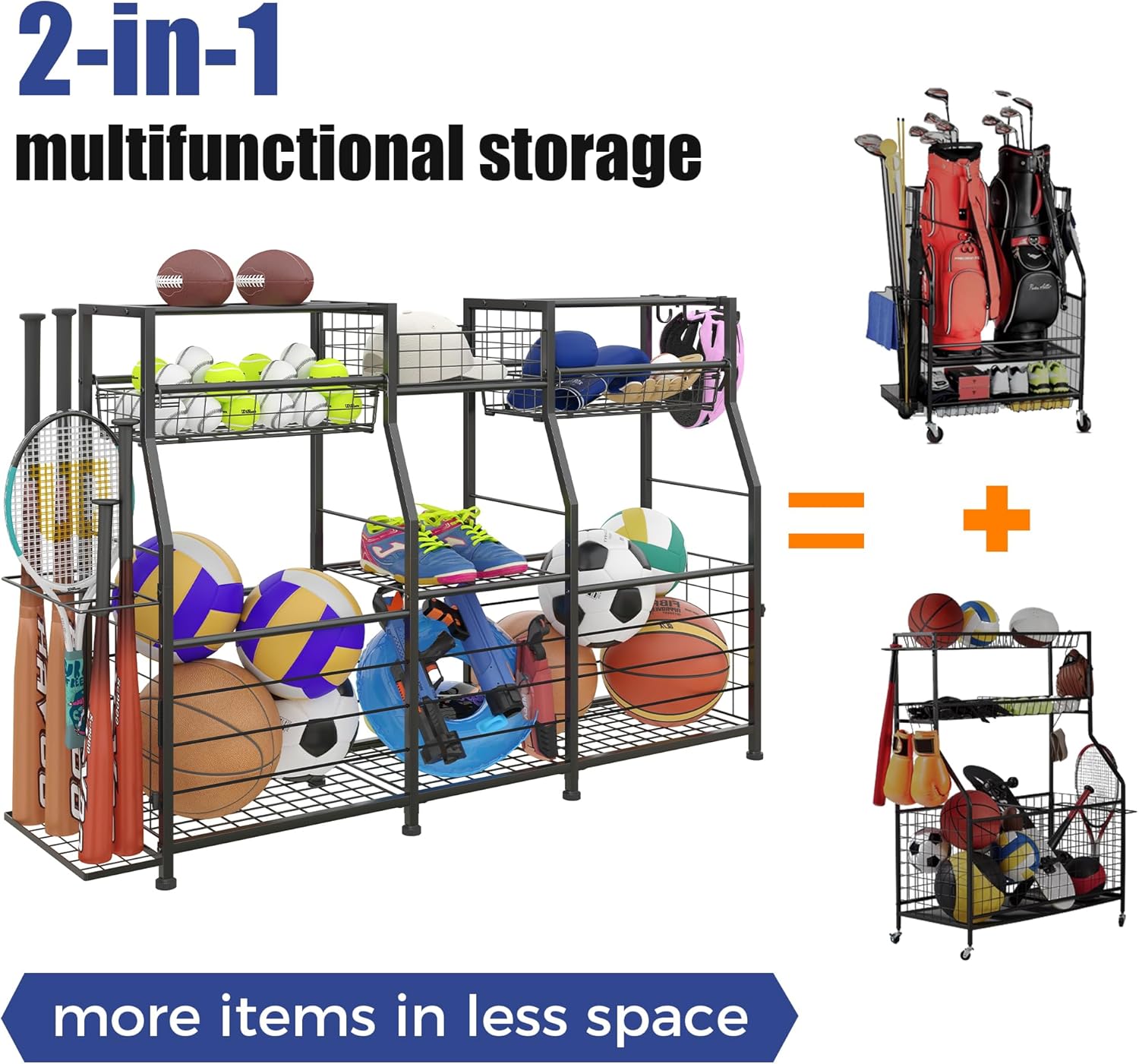 Garage Sports Equipment Organizer with Wheels - Ball Storage Rack with Elastic Rope or Wire Mesh,Garage Organizer System,Indoor/Outdoor Sports Rack for Sports Gear and Toys Storage,Black