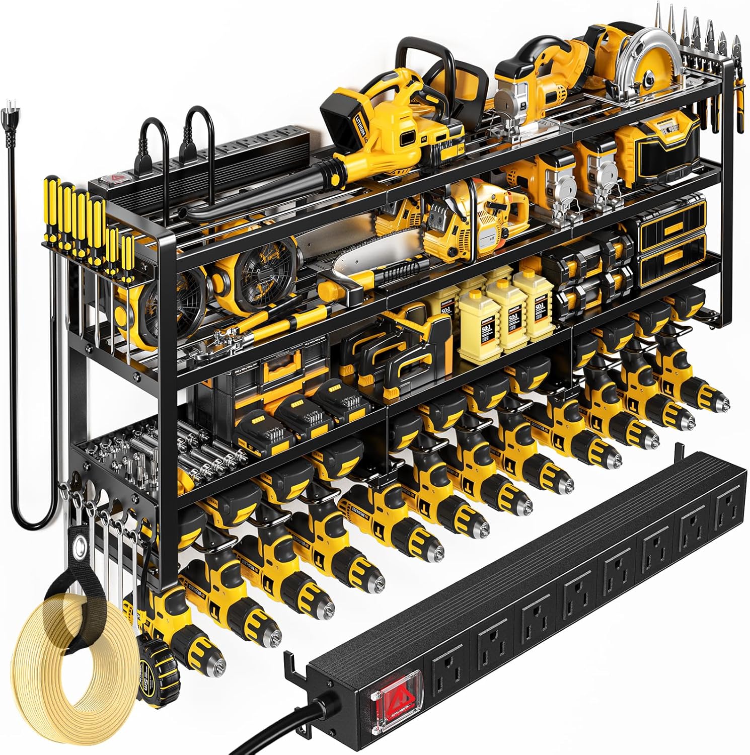 49.5" W Large Power Tool Organizer Wall Mount with Charging Station, 4-Tier Heavy Duty12 Cordless Drills Holder Load 600 lb, Tool Battery Storage Rack Built in 8 Outlet Power Strip for Garage