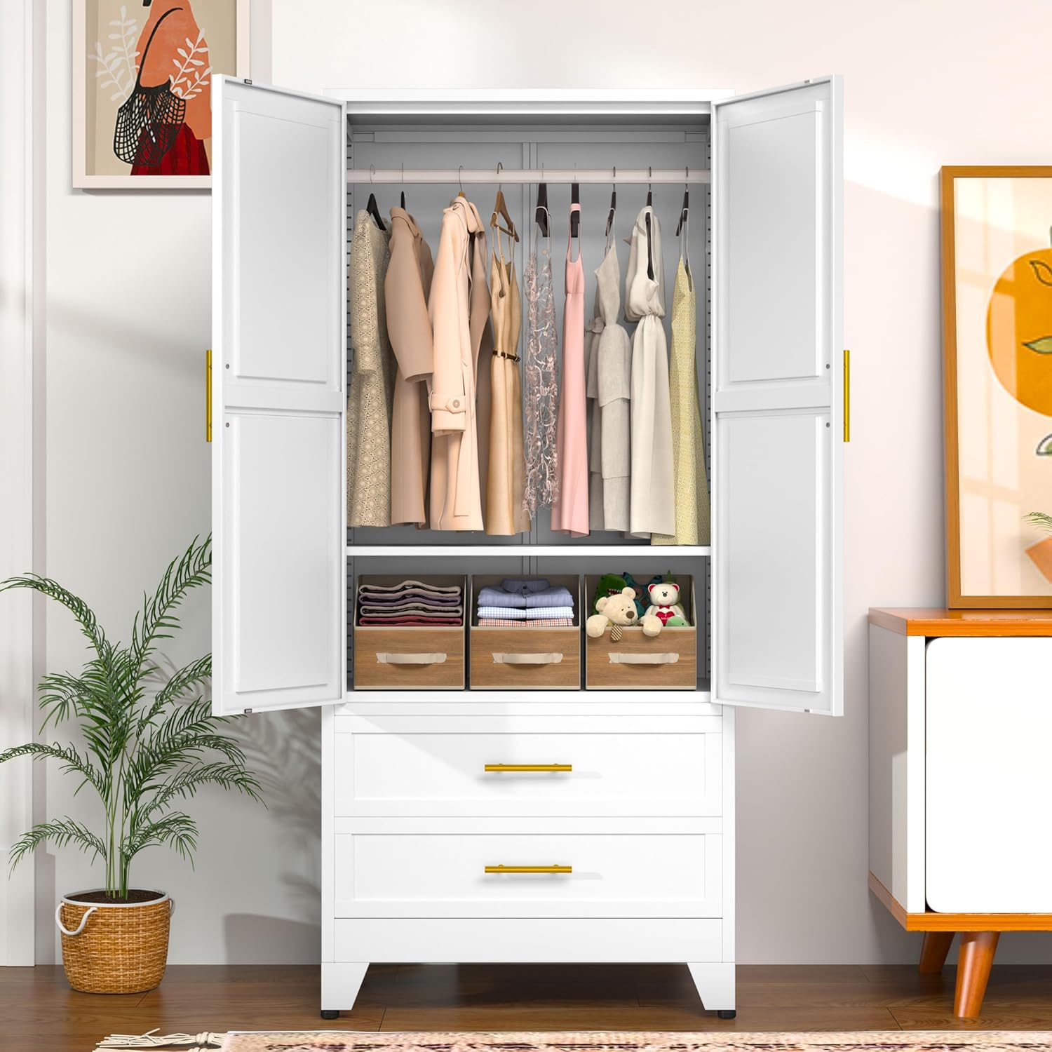 61.02" Metal Storage Cabinet, Pantry Storage Cabinets with 2 Door 2 Adjustable Shelf 2 Drawers, Steel Pantry Cabinet for Home Office Bedroom Kitchen (White), 13.78" D x 27.55" W x 61.02" H