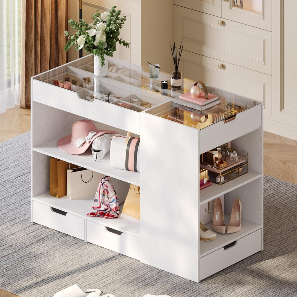 ANCTOR Bedroom Island, 47.4”W Wardrobe Closet Armoire Island with 8 Drawers Glass Top, Jewelry Center Island for Walk in Closet, Dresser for Bedroom Cloakroom Store, White