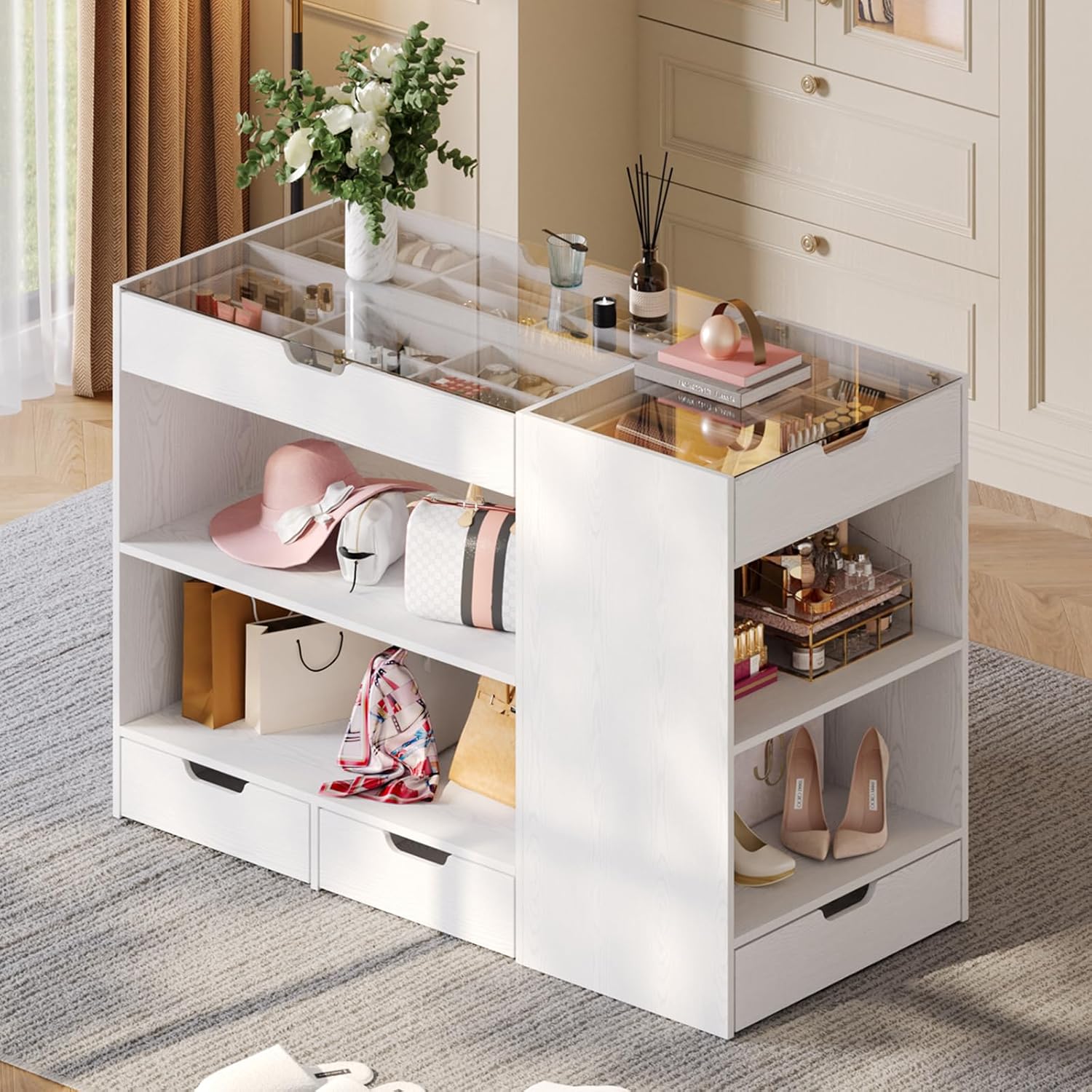 ANCTOR Bedroom Island, 47.4”W Wardrobe Closet Armoire Island with 8 Drawers Glass Top, Jewelry Center Island for Walk in Closet, Dresser for Bedroom Cloakroom Store, White