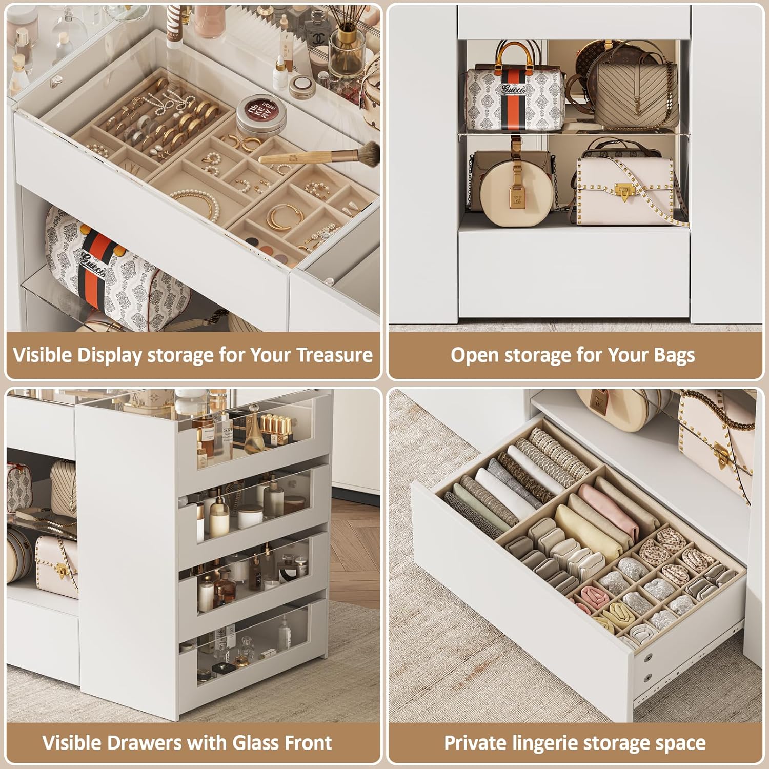 Closet Island with Drawers, Wardrobe Armoire Bedroom Island, Glass Display Shelf & 12 Drawers, White Dresser with Glass Top, Walk-in Closet Island for Bedroom, Cloakroom