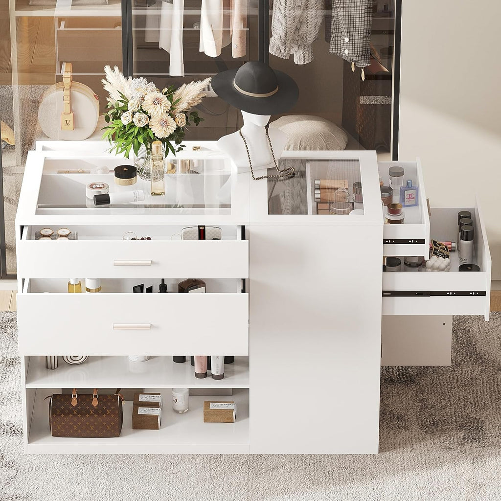 Maupvit Modern White Armoire Bedroom Closet Island with Glass Top, 6 Drawers & Display Shelf