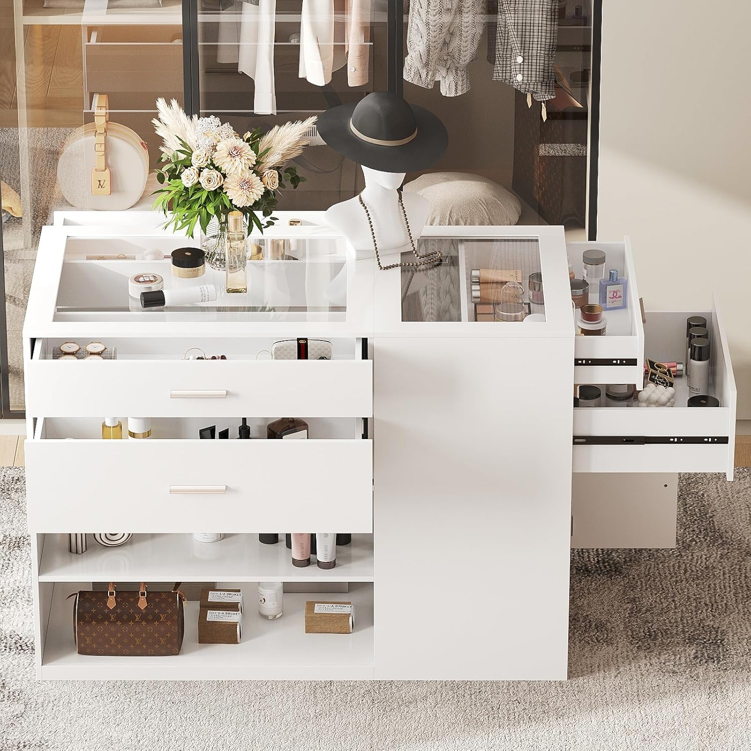 Maupvit Modern White Armoire Bedroom Closet Island with Glass Top, 6 Drawers & Display Shelf