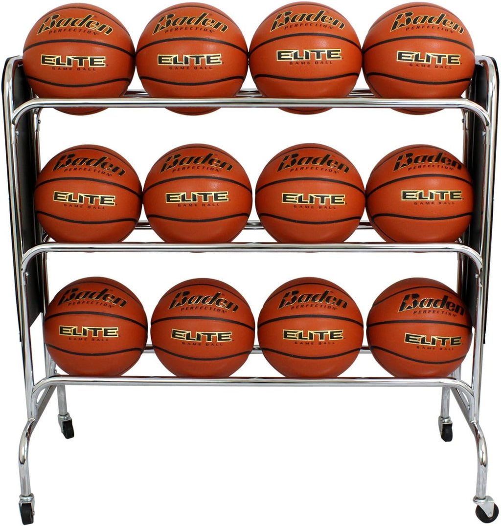 Baden Steel Basketball Rack with Wheels – 3-Tier Rolling Ball Racks for Garage with Wheel Locks, Sports Equipment Storage Basketball Holder for 12 Balls