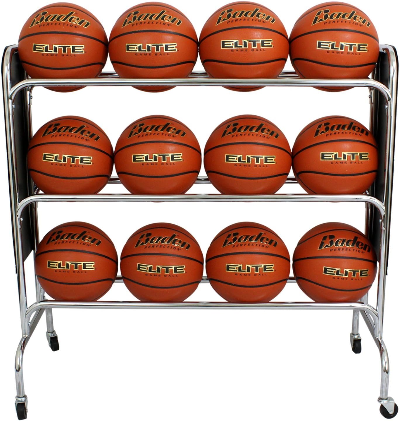 Baden Steel Basketball Rack with Wheels – 3-Tier Rolling Ball Racks for Garage with Wheel Locks, Sports Equipment Storage Basketball Holder for 12 Balls