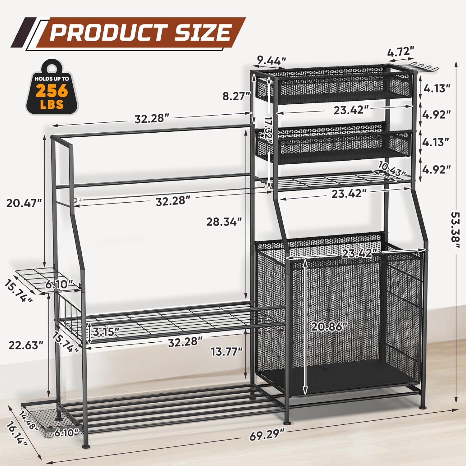 Garage Sports Equipment Organizer, 3 Golf Bag Organizer Stand Heavy-Duty Ball Storage Rack with Basket and Hooks, Ball Storage Cart for Toy Sports Gear Storage, Black