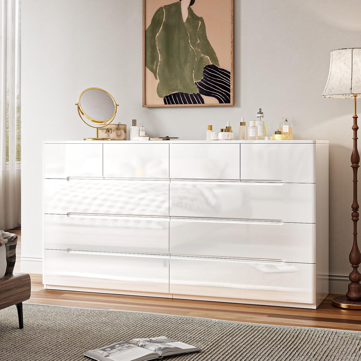 Closet Island with Drawers, Wardrobe Armoire Bedroom Island, Glass Display Shelf & 12 Drawers, White Dresser with Glass Top, Walk-in Closet Island for Bedroom, Cloakroom