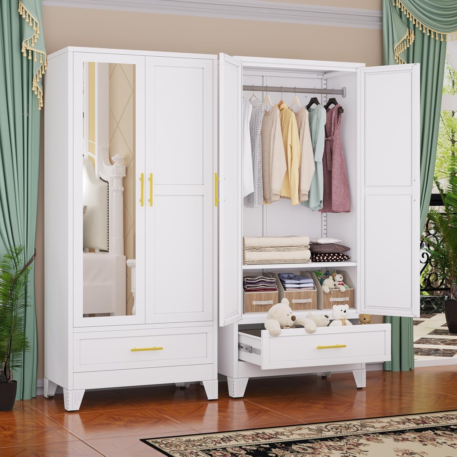 61.02" Metal Storage Cabinet, Pantry Storage Cabinets with 2 Door 2 Adjustable Shelf 2 Drawers, Steel Pantry Cabinet for Home Office Bedroom Kitchen (White), 13.78" D x 27.55" W x 61.02" H