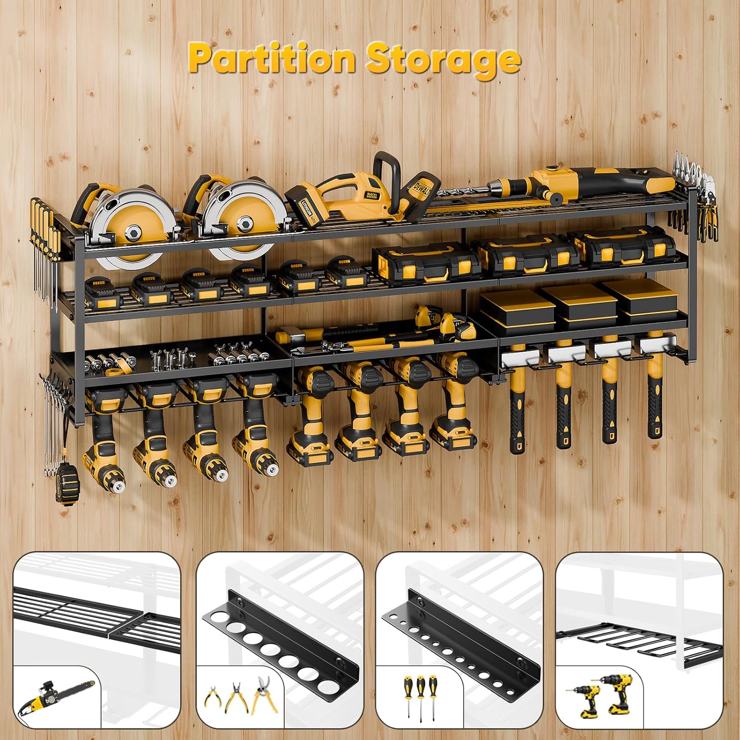 49" W Large Power Tool Organizer Wall Mount, 4 Layer Heavy Duty Loads 600 lbs, Tool Rack Holds 12 Cordless Drills, Large Capacity Shelf Storage for Garage Workshop, Gifts for Men
