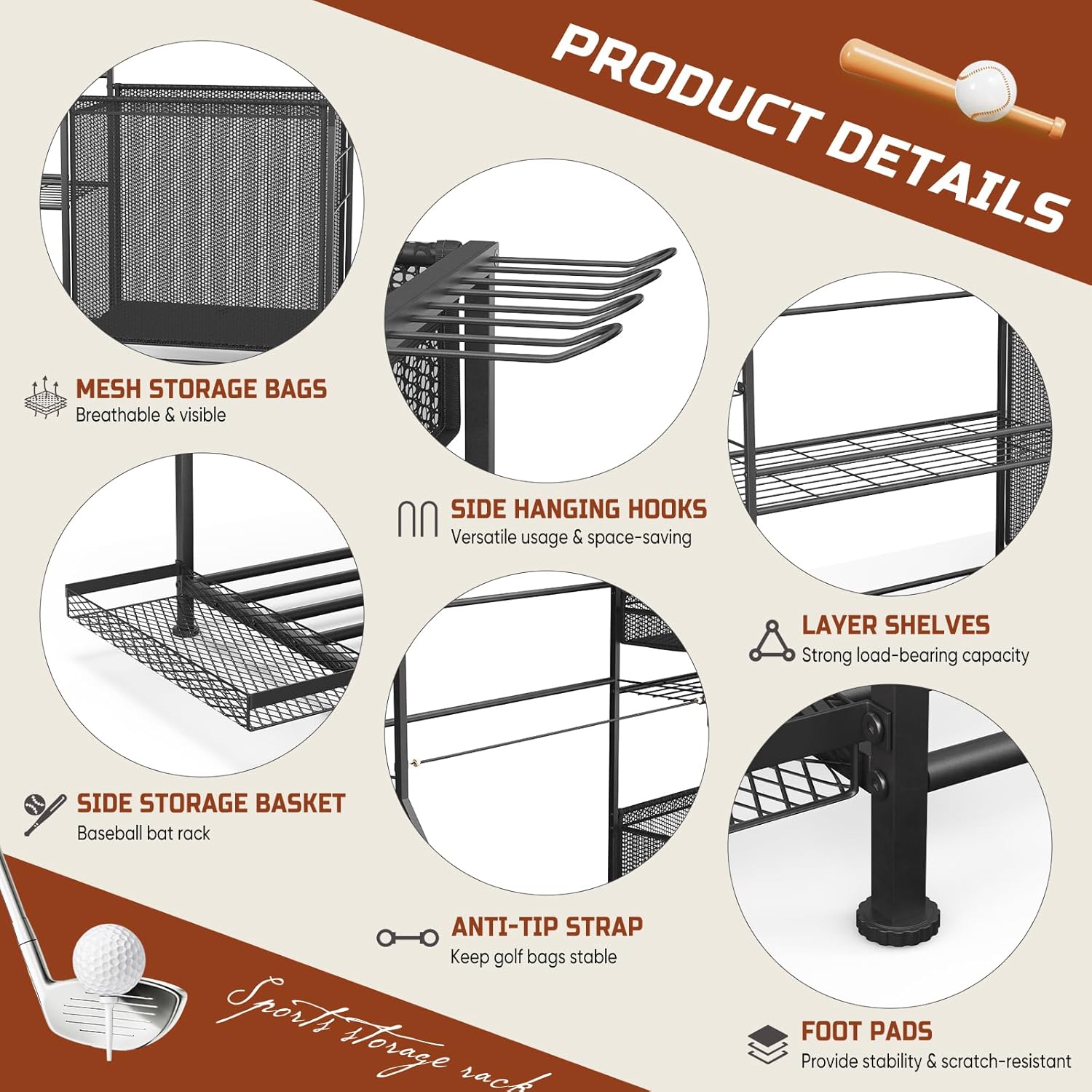 Garage Sports Equipment Organizer, 3 Golf Bag Organizer Stand Heavy-Duty Ball Storage Rack with Basket and Hooks, Ball Storage Cart for Toy Sports Gear Storage, Black