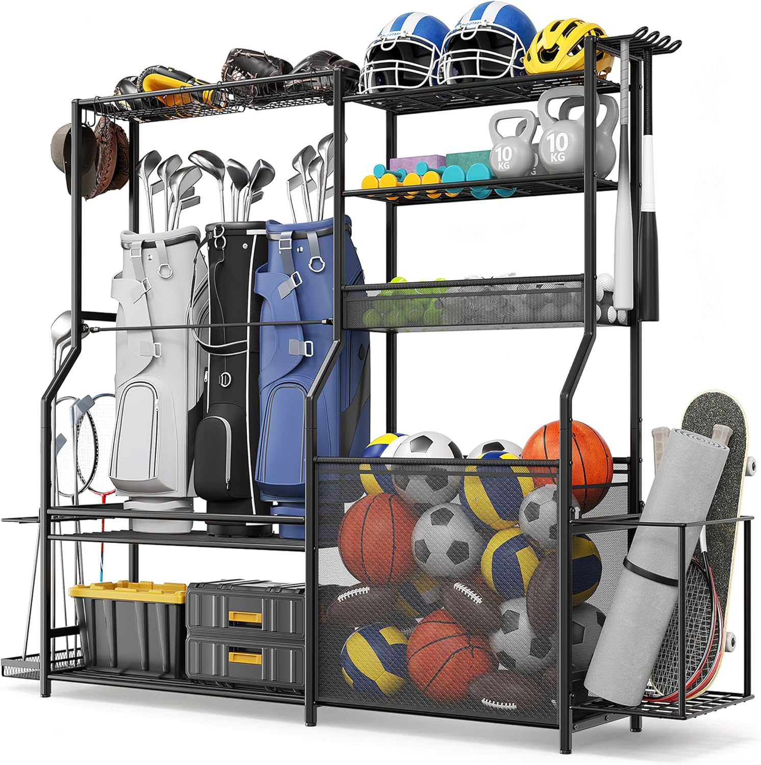 Garage Sports Equipment Organizer, 3 Golf Bag Organizer Stand Heavy-Duty Ball Storage Rack with Basket and Hooks, Ball Storage Cart for Toy Sports Gear Storage, Black