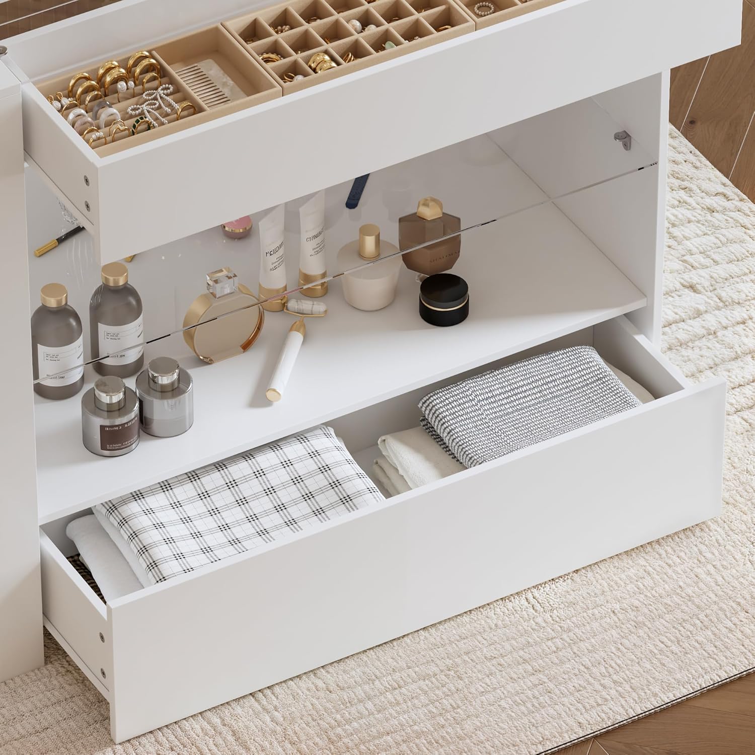 FUFU&GAGA Closet Island with Glass Top & 8 Drawers for Walk in Closet, Jewelry Display Cabinet Island with Glass Shelf, for Store Dressing Room Shop, 47.2”W x 23.6”D x 31.5”H