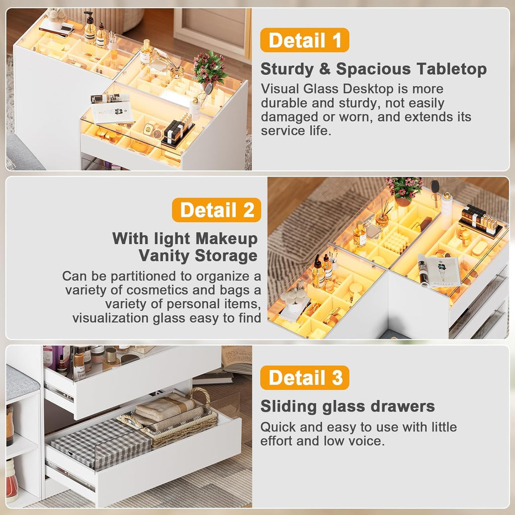 PakaLife Armoire Wardrobe Closet Island with 9 Drawers,Led Lights,Glass Tabletop,Bedroom Island with Jewelry Organizer,Storage Bench with Cushion,Island Dresser with Display Shelf for Fitting Room