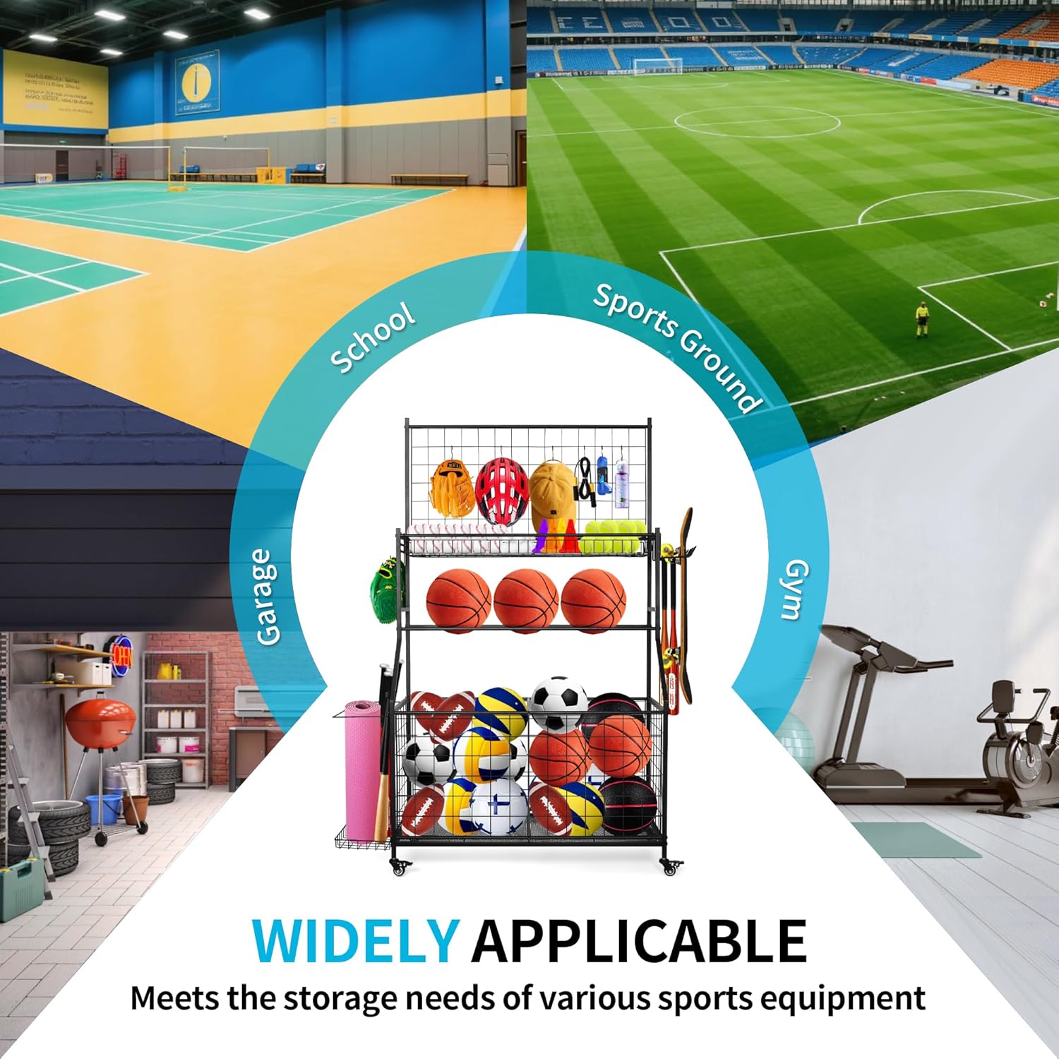 Sports Equipment Organizer,Garage Ball Storage Rack with Basketball Rack,Golf Bag Organizer Toy Sports Gear Storage with Hooks and Rolling Wheels Cart,Black