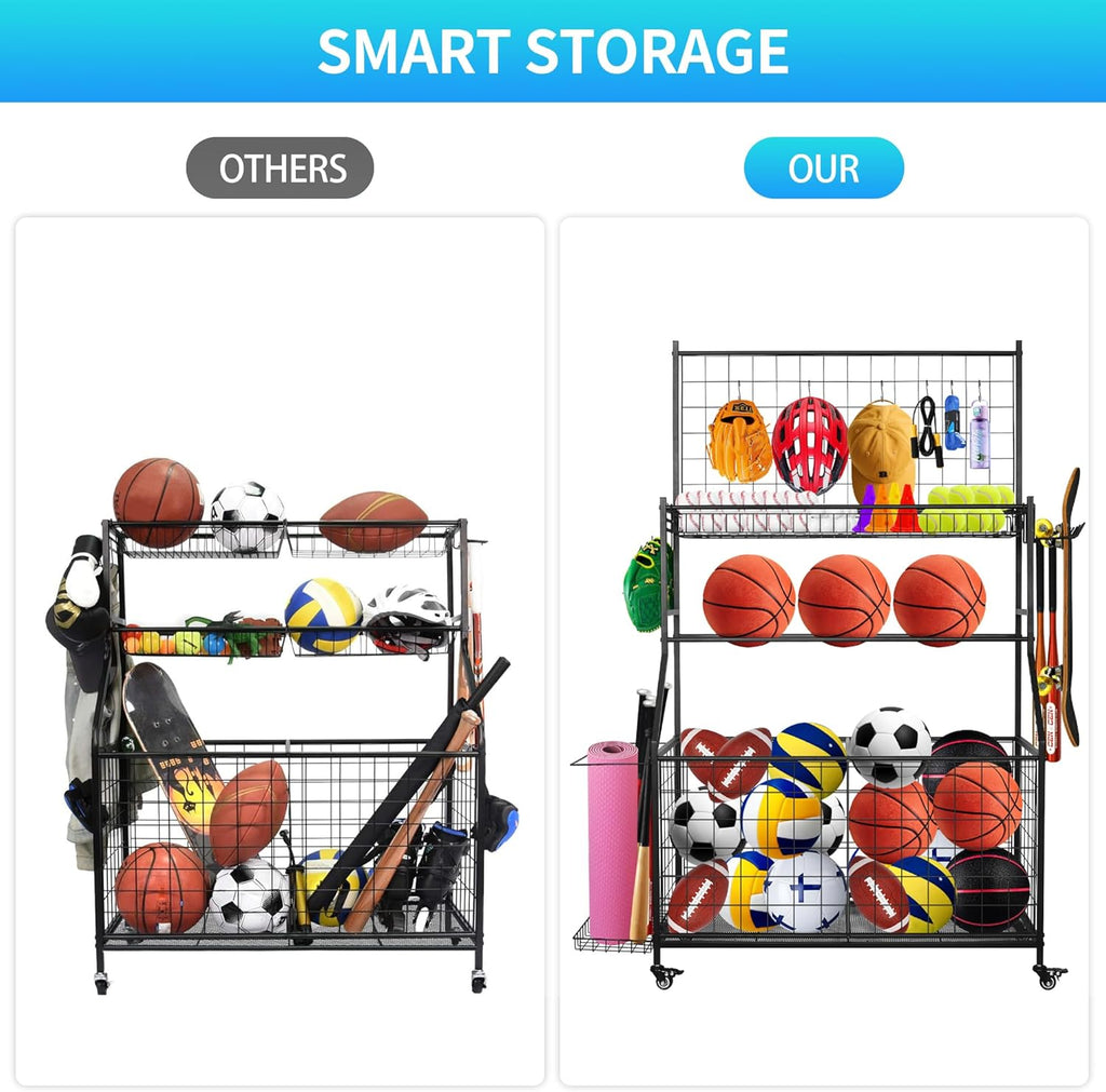 Sports Equipment Organizer,Garage Ball Storage Rack with Basketball Rack,Golf Bag Organizer Toy Sports Gear Storage with Hooks and Rolling Wheels Cart,Black