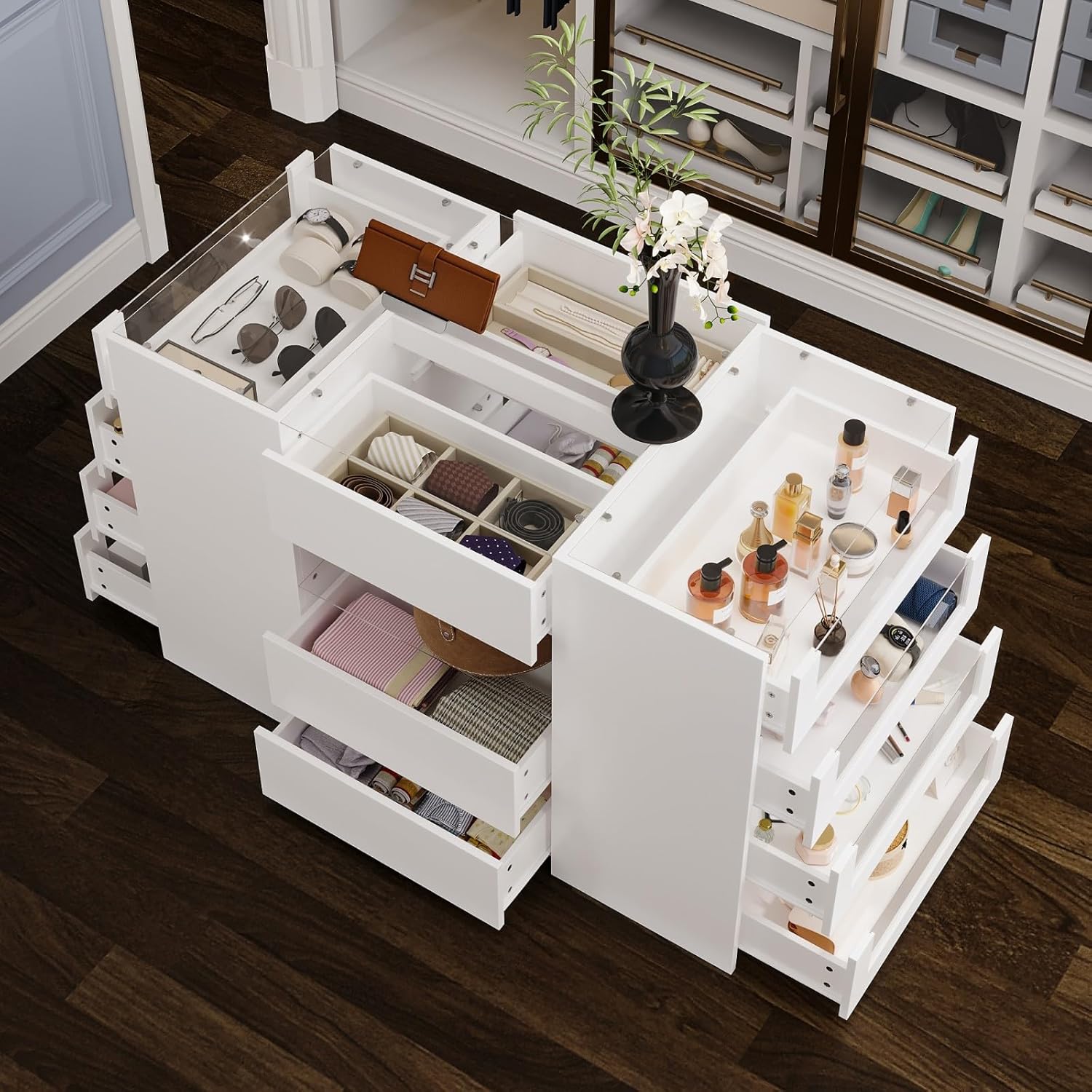 FUFU&GAGA Closet Island with Glass Top & 8 Drawers for Walk in Closet, Jewelry Display Cabinet Island with Glass Shelf, for Store Dressing Room Shop, 47.2”W x 23.6”D x 31.5”H