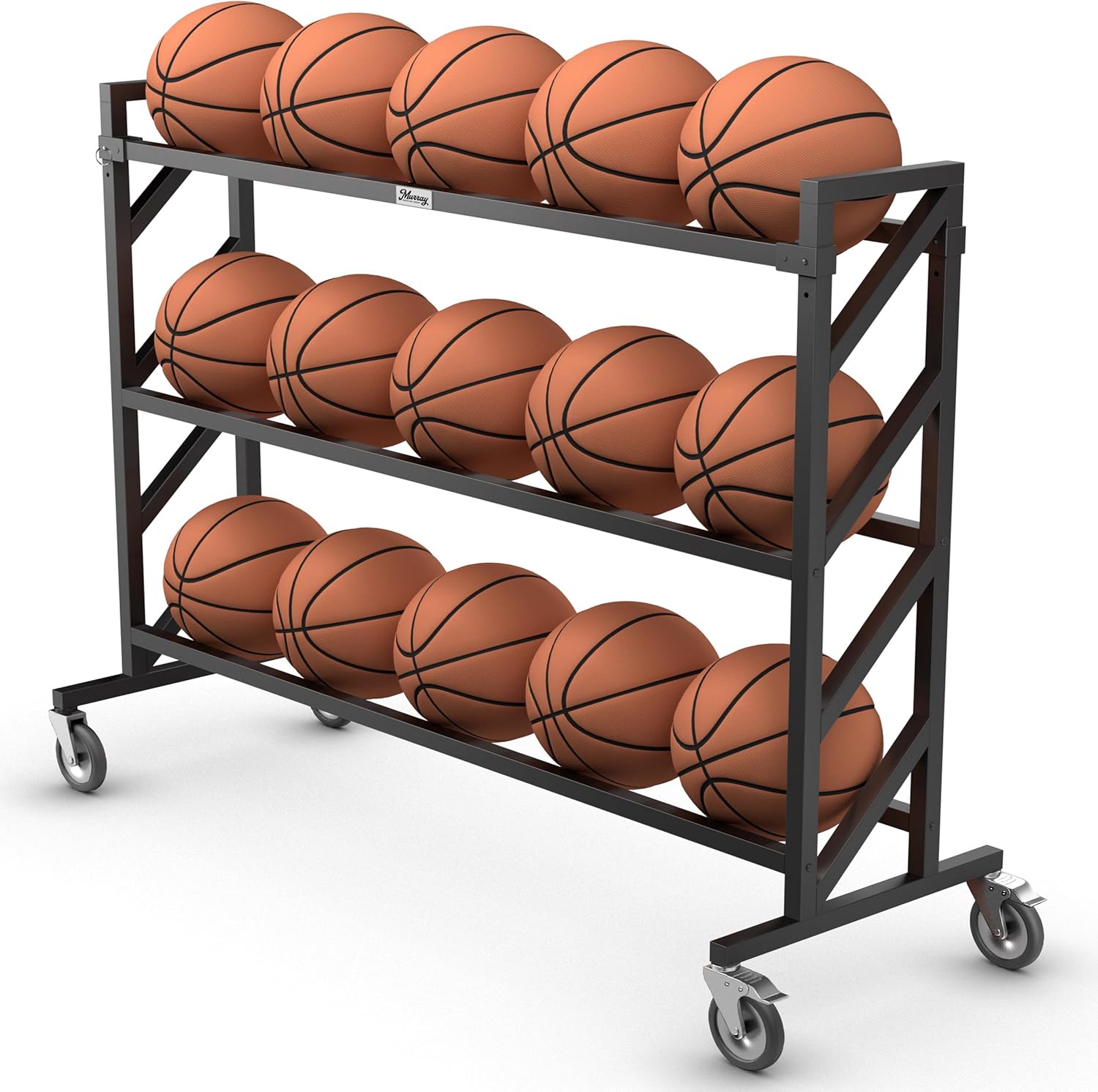 Murray Sporting Goods Premium Basketball Rack | Basketball Storage 3-Tier 15-Ball Heavy Duty Ball Cart with Wheels | Drop Pin for Shooters Preference