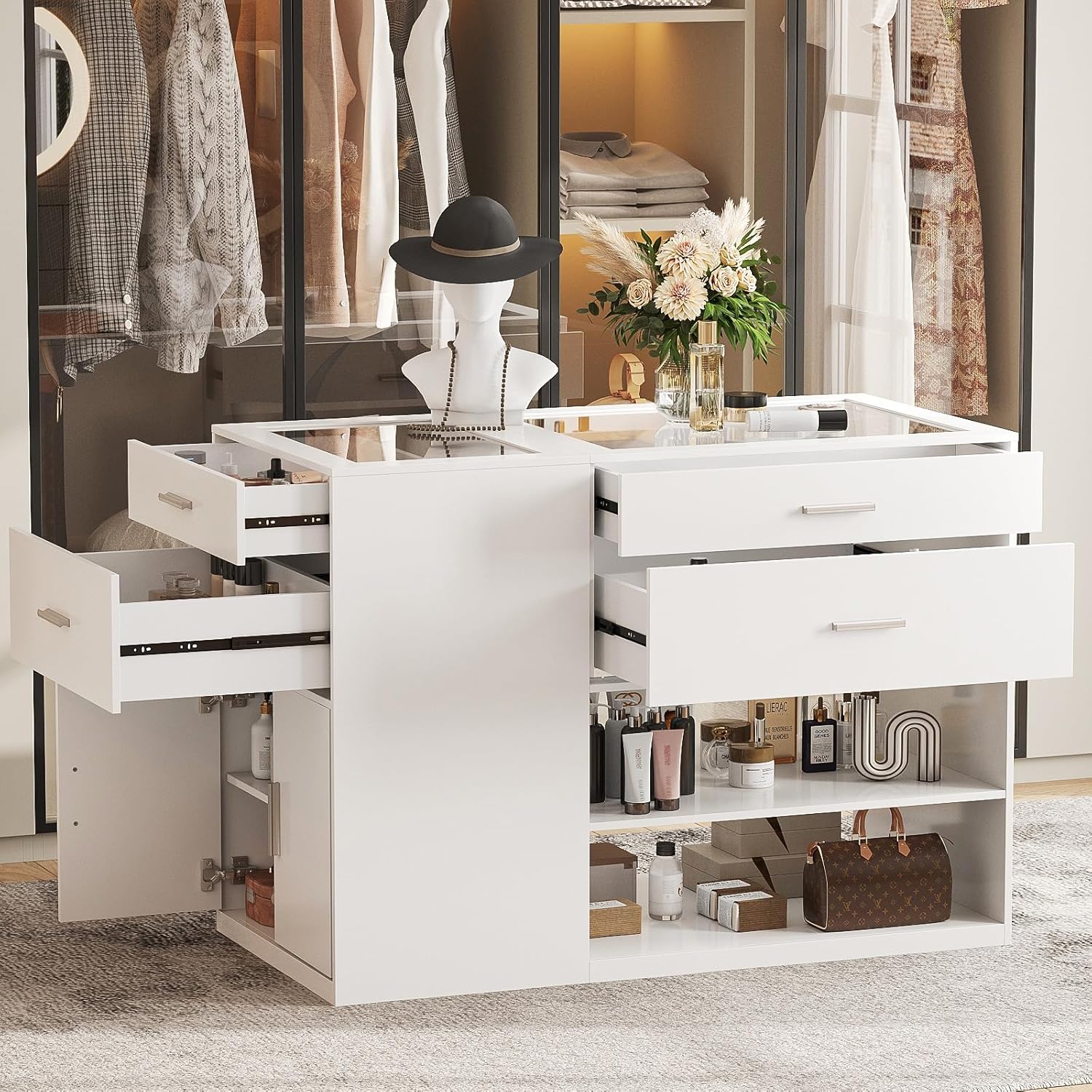Maupvit Modern White Armoire Bedroom Closet Island with Glass Top, 6 Drawers & Display Shelf