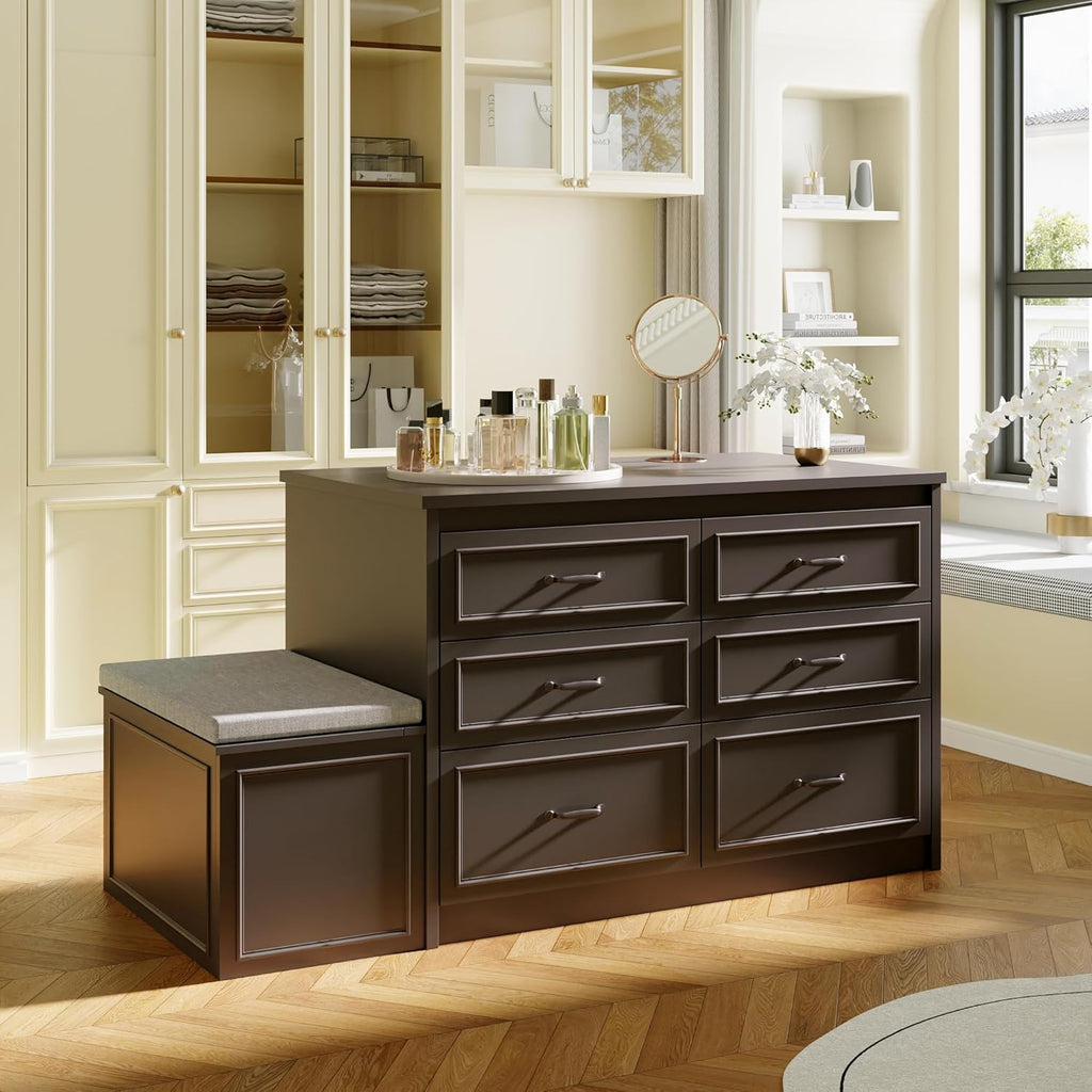 ECACAD 61.9" W Closet Island with Storage Bench & 14 Drawers, Modern Wooden Armoire Wardrobe Dresser Island for Bedroom Walk-in Closet, White