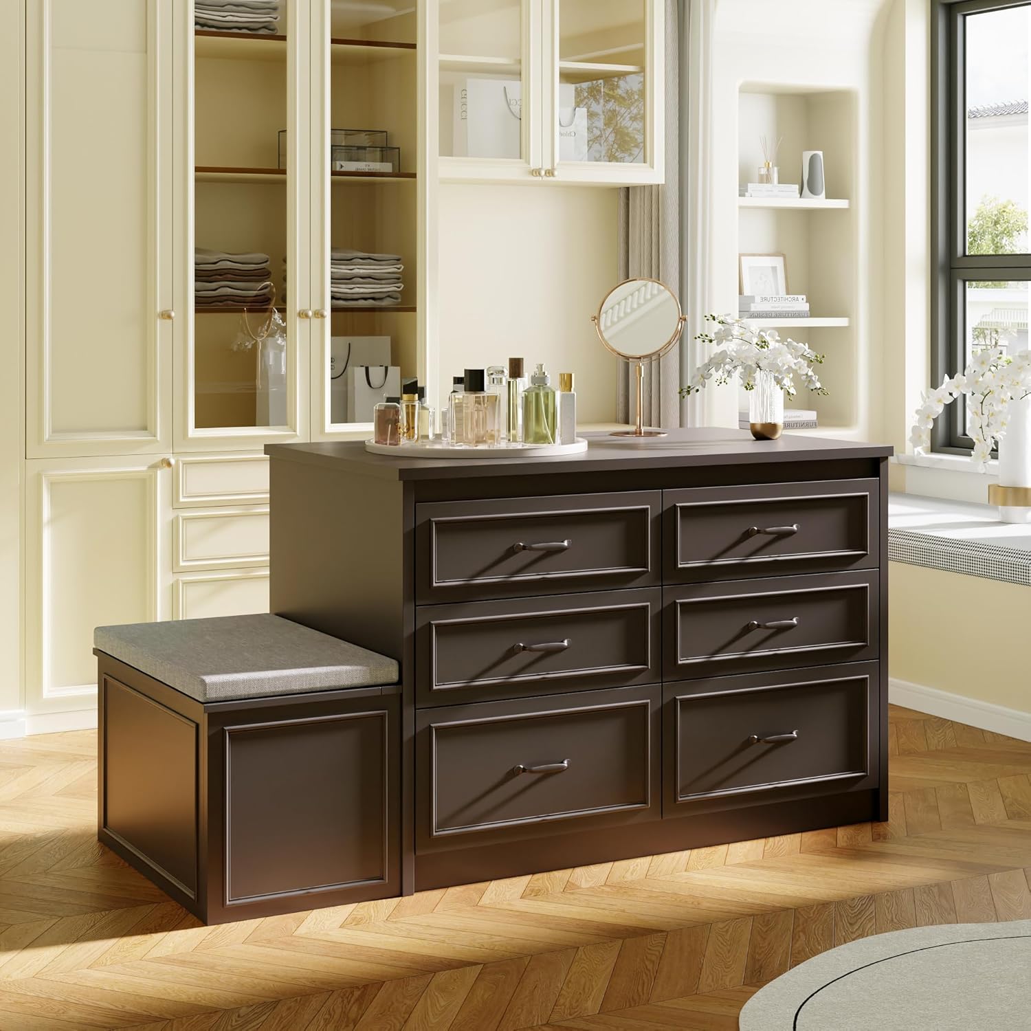 ECACAD 61.9" W Closet Island with Storage Bench & 14 Drawers, Modern Wooden Armoire Wardrobe Dresser Island for Bedroom Walk-in Closet, White