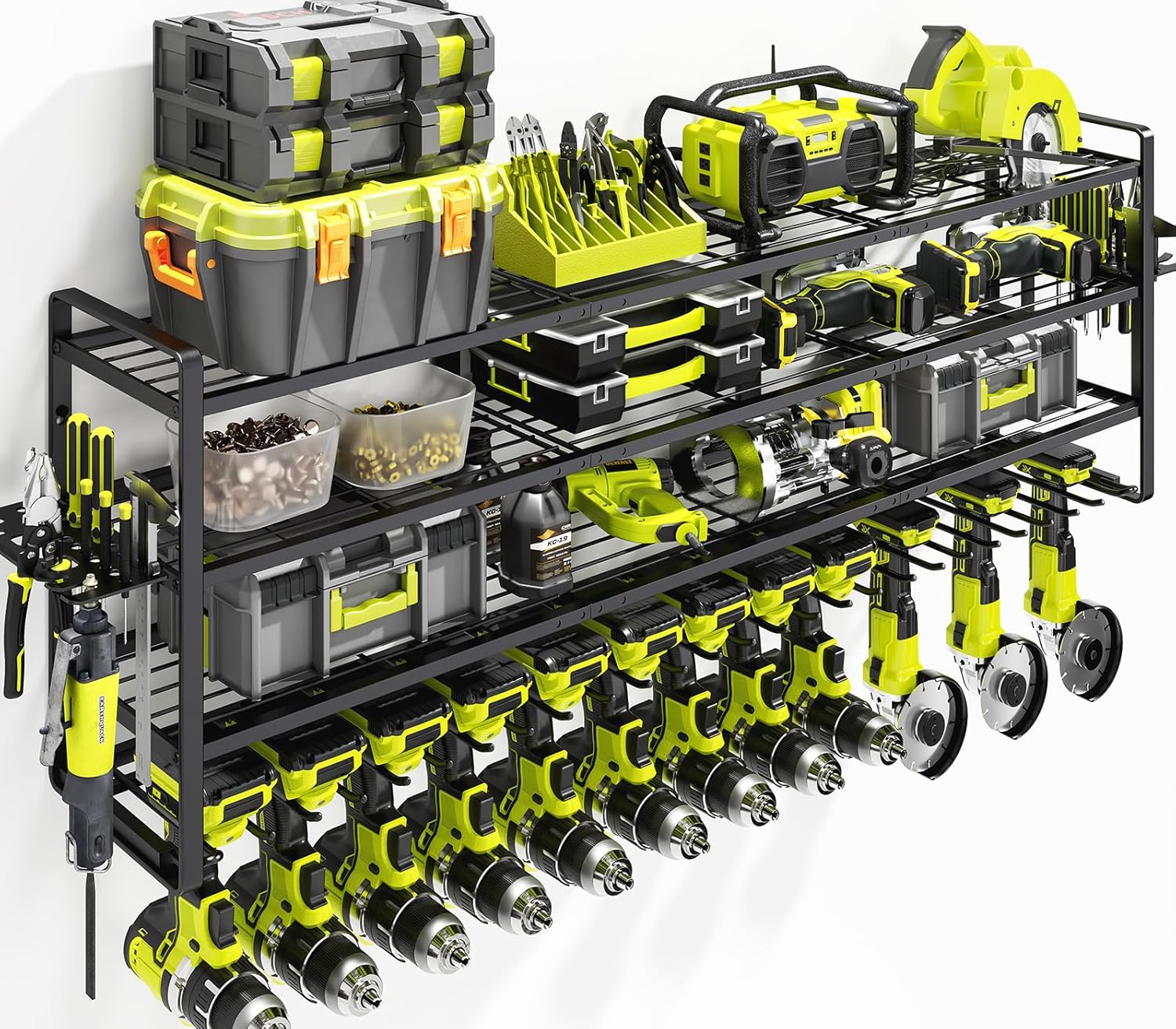 KAFAHOM Power Tool Organizer Wall Mount, 4-Tier Drill Holder for Cordless Tools, 2-Pack Set, Garage Storage Rack with Side Hooks for Hammers & Pliers, Tool Organizer for Workshop/Utility Room