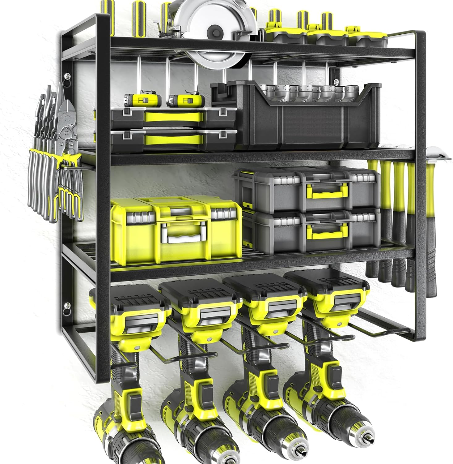 KAFAHOM Power Tool Organizer Wall Mount, 4-Tier Drill Holder for Cordless Tools, 2-Pack Set, Garage Storage Rack with Side Hooks for Hammers & Pliers, Tool Organizer for Workshop/Utility Room