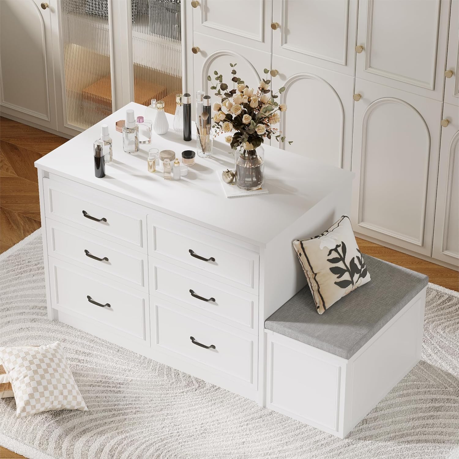 Armoire Bedroom Wardrobe Closet Island with 12 Drawers & Flip Door, Walk in Closet Island with Storage Bench, Islands Dresser for Bedroom Cloakroom White (61.9”W x 27.6”D x 32.6”H)
