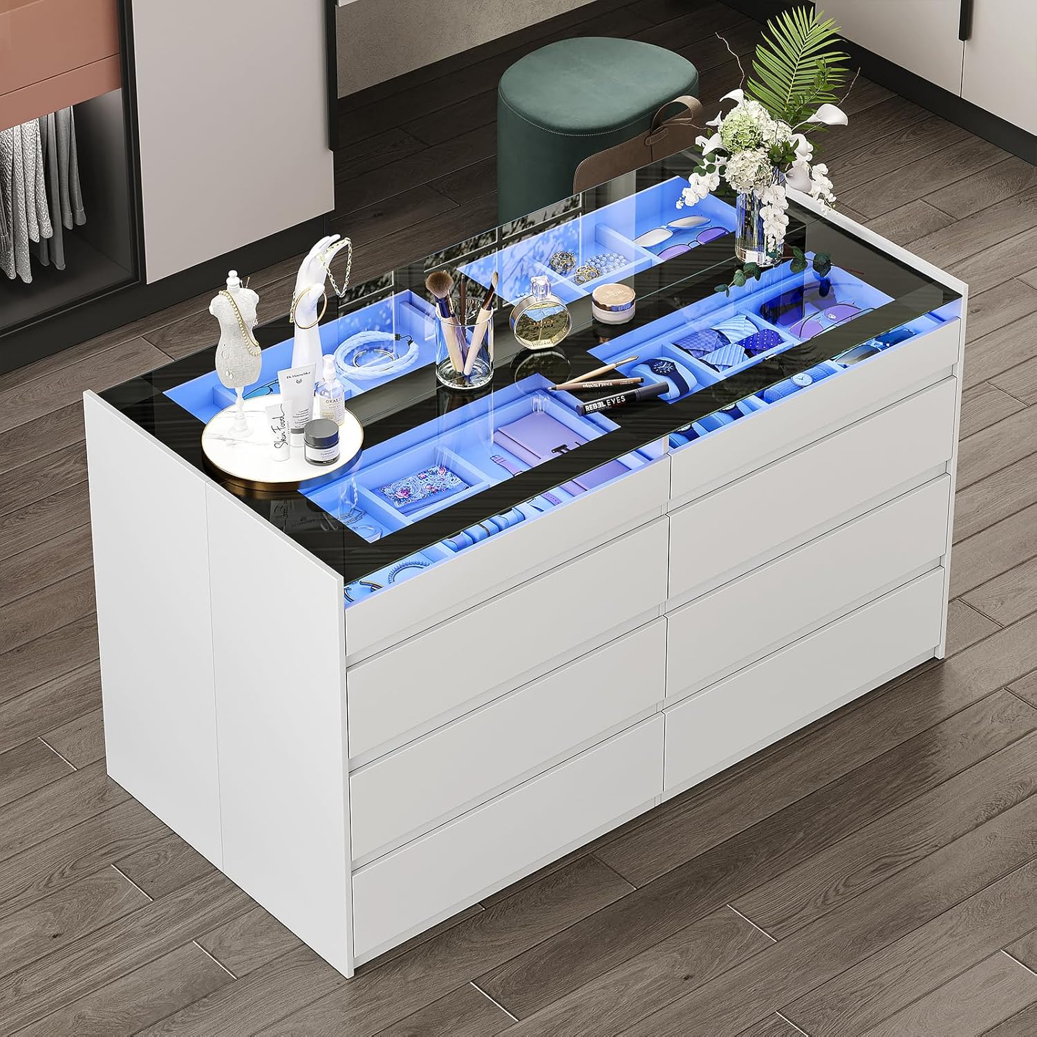 Closet Island with Drawers, Wardrobe Armoire Bedroom Island, Glass Display Shelf & 12 Drawers, White Dresser with Glass Top, Walk-in Closet Island for Bedroom, Cloakroom