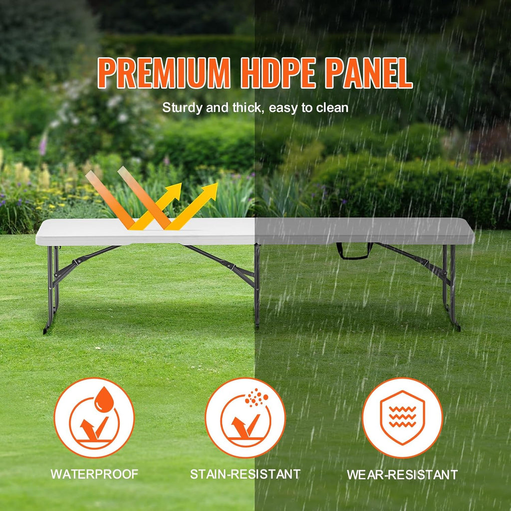 VEVOR Plastic Folding Bench, 6ft Portable Folding Bench, Smooth High Density Polyethylene Waterproof Outdoor Bench, Picnic Camping Table with Handle for Garden Soccer Playtime, White (2 Pack)