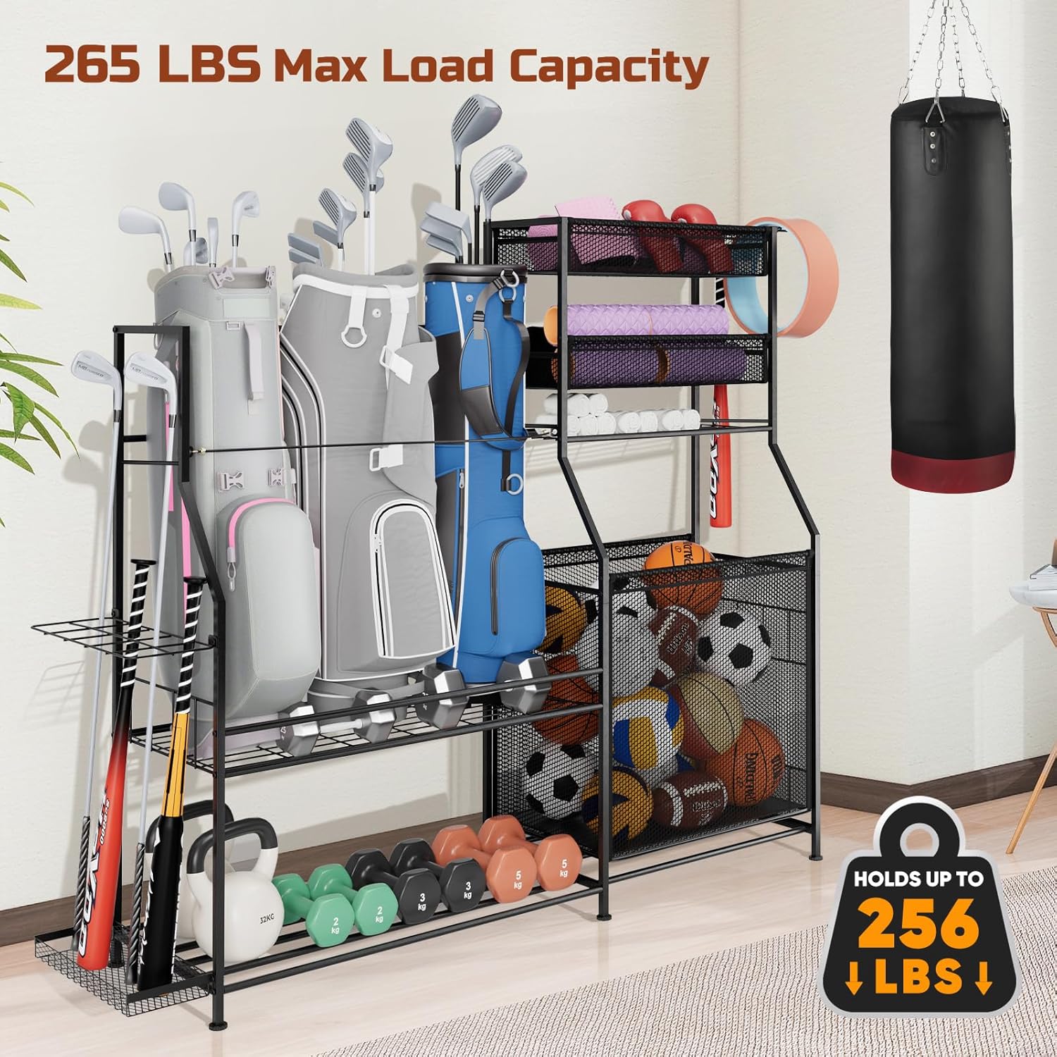 Garage Sports Equipment Organizer, 3 Golf Bag Organizer Stand Heavy-Duty Ball Storage Rack with Basket and Hooks, Ball Storage Cart for Toy Sports Gear Storage, Black