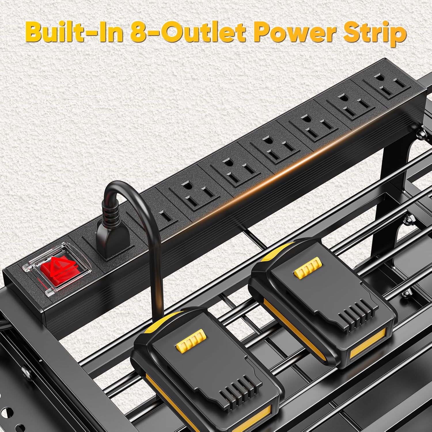 49.5" W Large Power Tool Organizer Wall Mount with Charging Station, 4-Tier Heavy Duty12 Cordless Drills Holder Load 600 lb, Tool Battery Storage Rack Built in 8 Outlet Power Strip for Garage