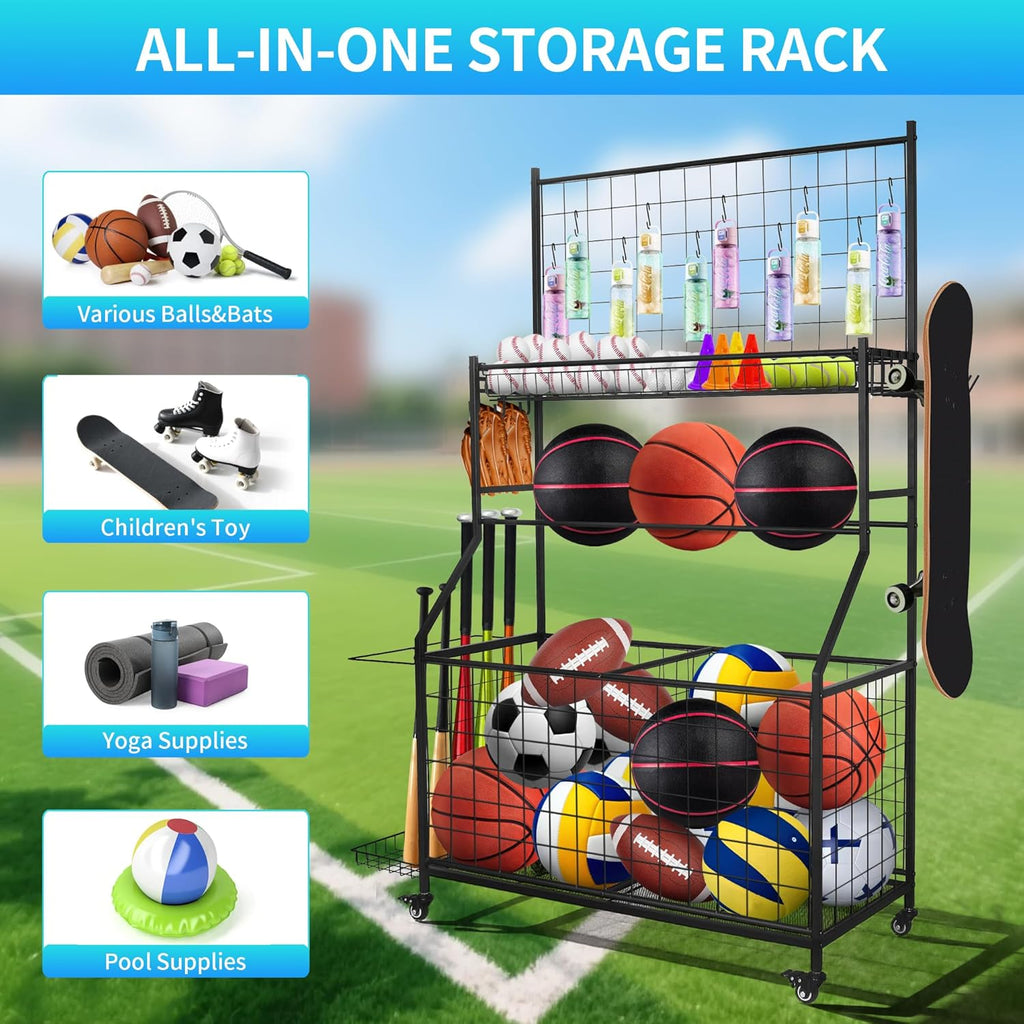 Sports Equipment Organizer,Garage Ball Storage Rack with Basketball Rack,Golf Bag Organizer Toy Sports Gear Storage with Hooks and Rolling Wheels Cart,Black