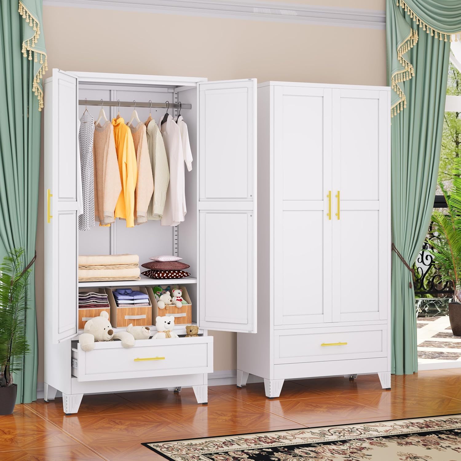 61.02" Metal Storage Cabinet, Pantry Storage Cabinets with 2 Door 2 Adjustable Shelf 2 Drawers, Steel Pantry Cabinet for Home Office Bedroom Kitchen (White), 13.78" D x 27.55" W x 61.02" H