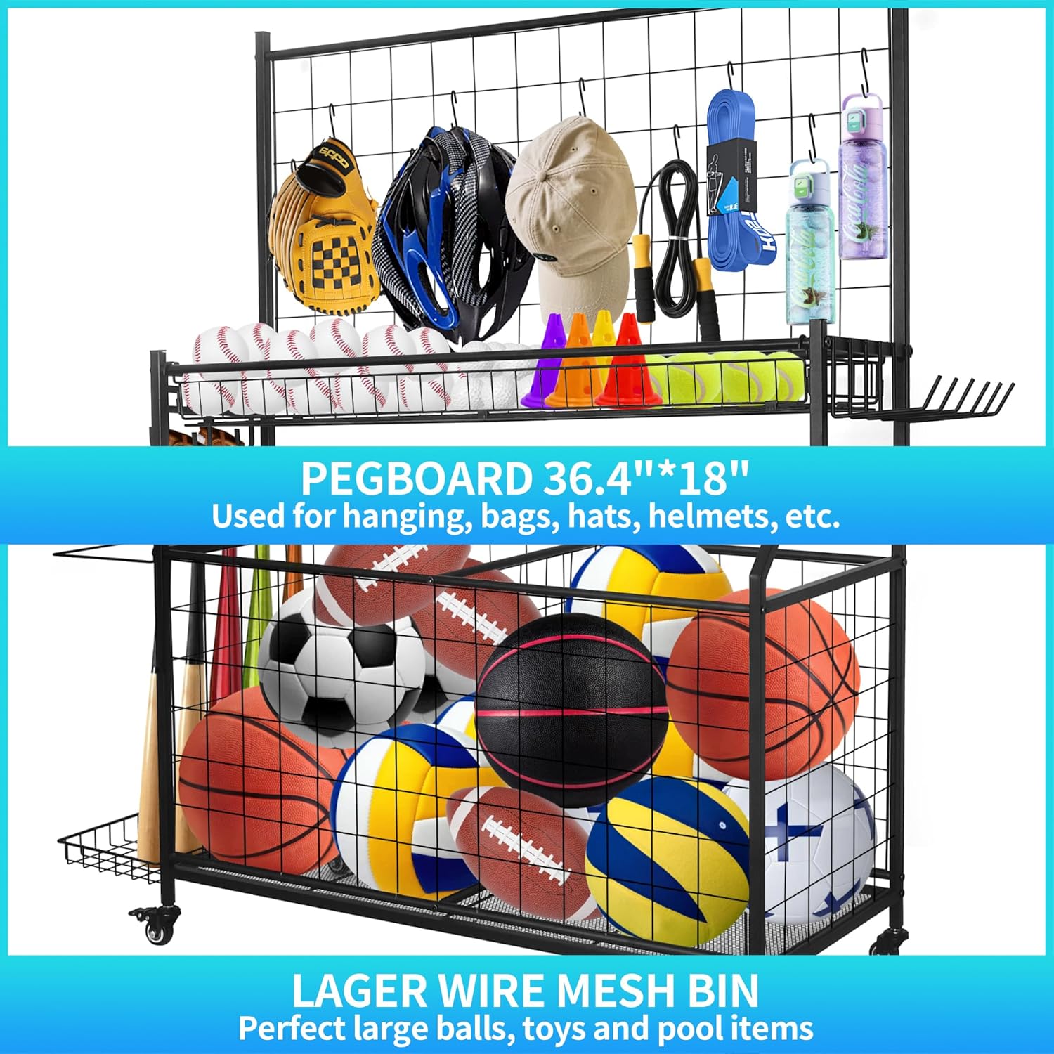 Sports Equipment Organizer,Garage Ball Storage Rack with Basketball Rack,Golf Bag Organizer Toy Sports Gear Storage with Hooks and Rolling Wheels Cart,Black