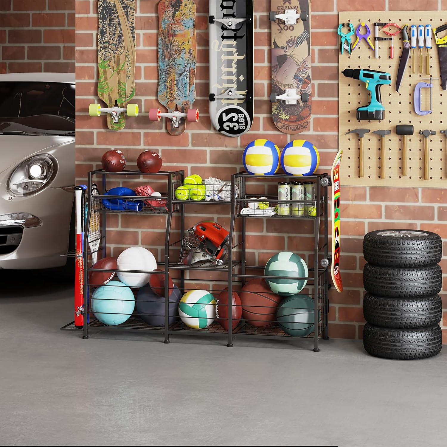 Garage Sports Equipment Organizer with Wheels - Ball Storage Rack with Elastic Rope or Wire Mesh,Garage Organizer System,Indoor/Outdoor Sports Rack for Sports Gear and Toys Storage,Black