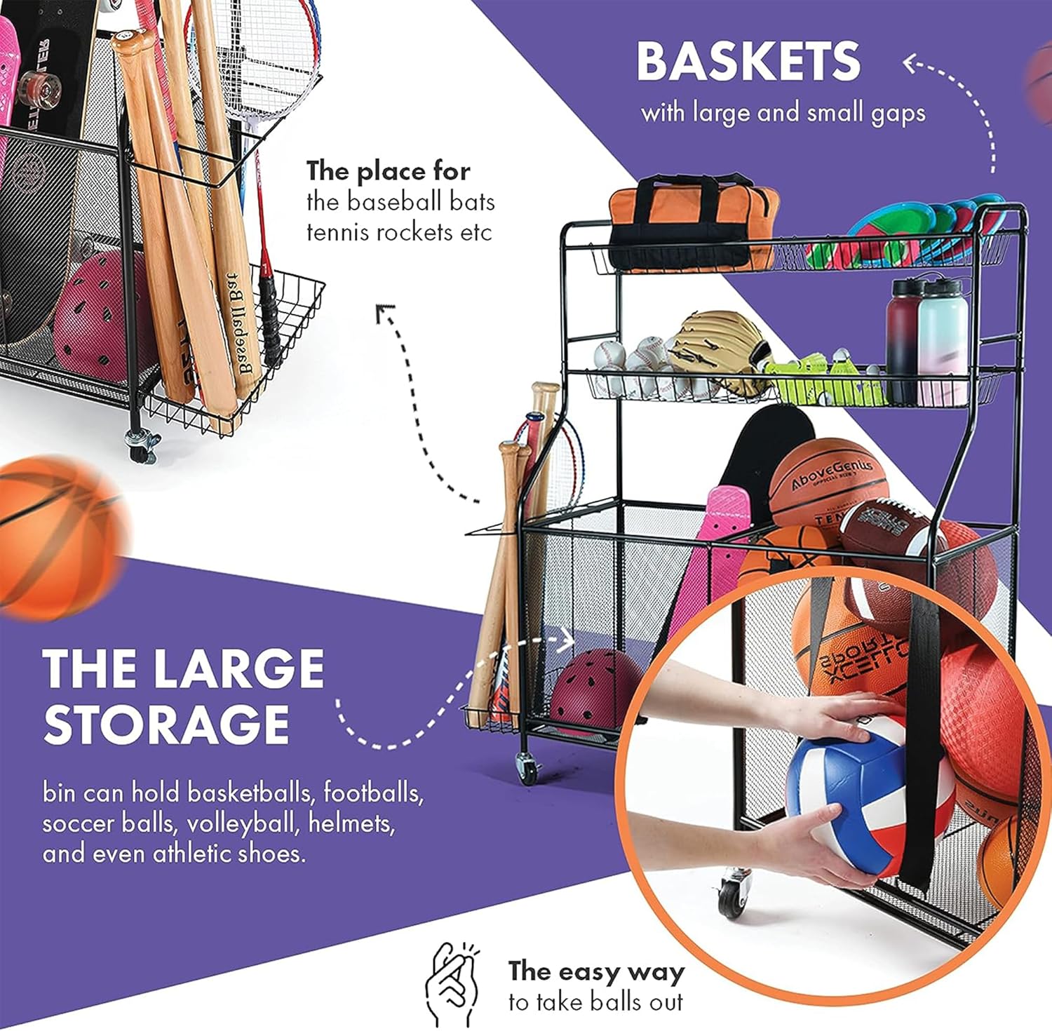 HOME IT Garage Sports Equipment Organizer - Garage Ball Storage Rack Organizer Holder with Baskets, Rolling Wheels & Breaks - Large Capacity Heavy Duty Steel Ball Storage Cart