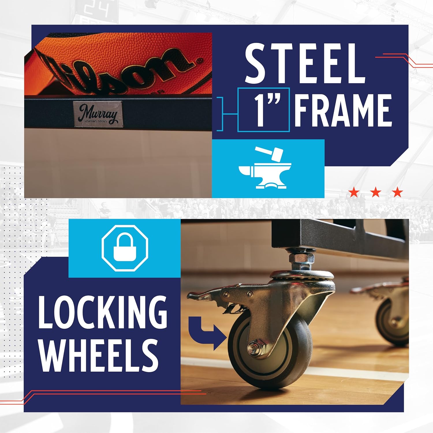 Murray Sporting Goods Premium Basketball Rack | Basketball Storage 3-Tier 15-Ball Heavy Duty Ball Cart with Wheels | Drop Pin for Shooters Preference