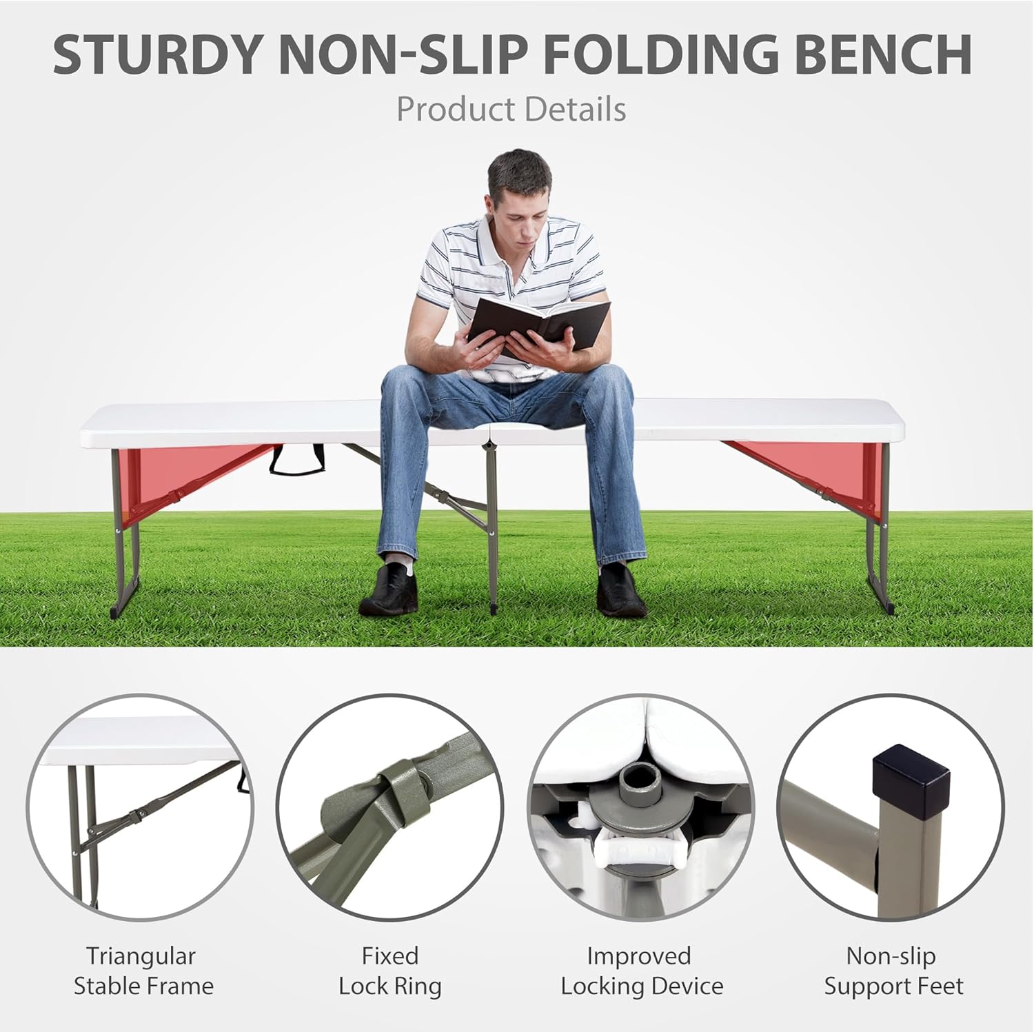 6ft Plastic Folding Bench with Carrying Handle & Lock, Portable Outdoor Bench in Garden Picnic Camping Dining Party Seat, Waterproof Bench for Soccer Activities, Firm and Durable（2 Pack C）