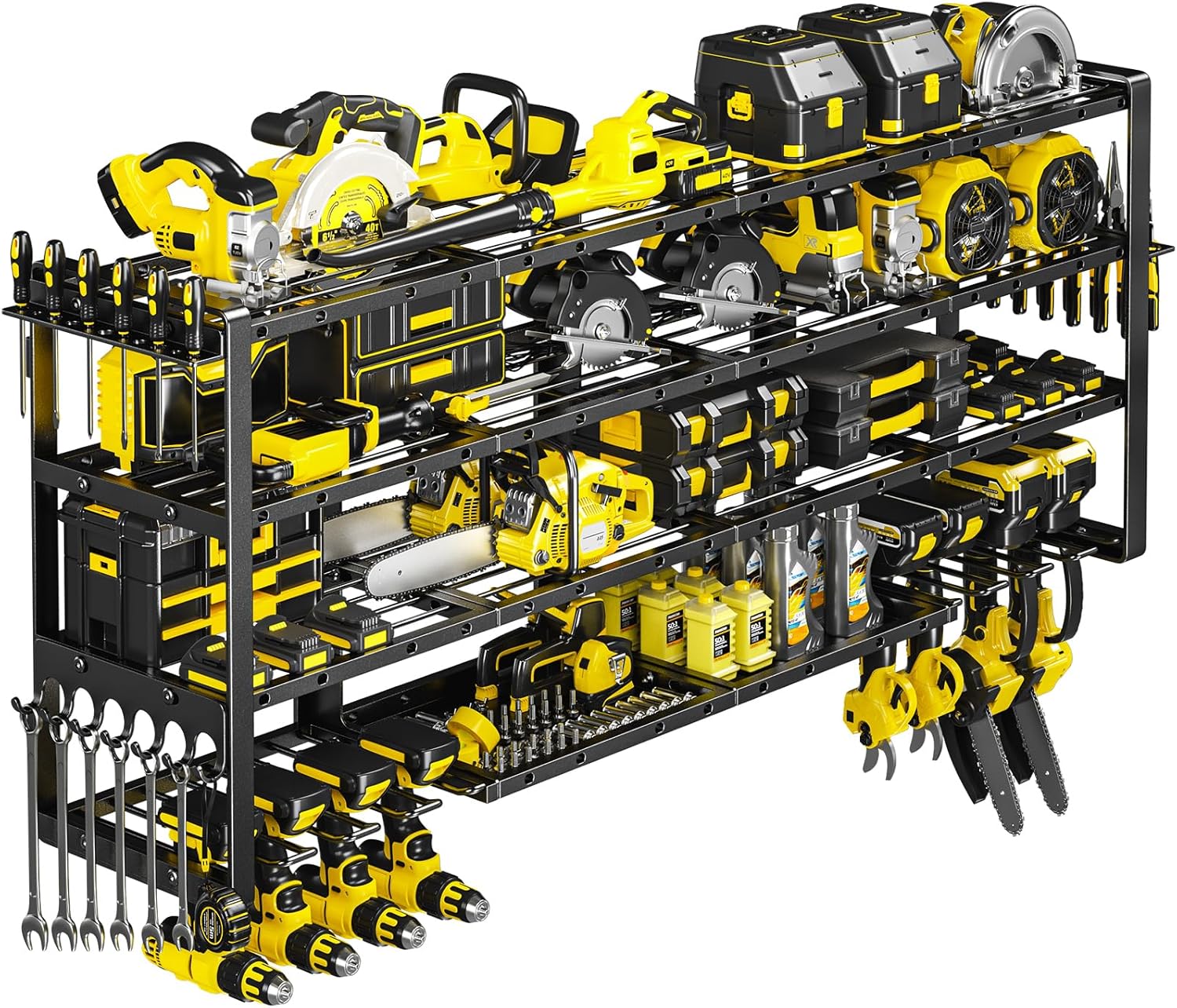 49" W Large Power Tool Organizer Wall Mount, 4 Layer Heavy Duty Loads 600 lbs, Tool Rack Holds 12 Cordless Drills, Large Capacity Shelf Storage for Garage Workshop, Gifts for Men