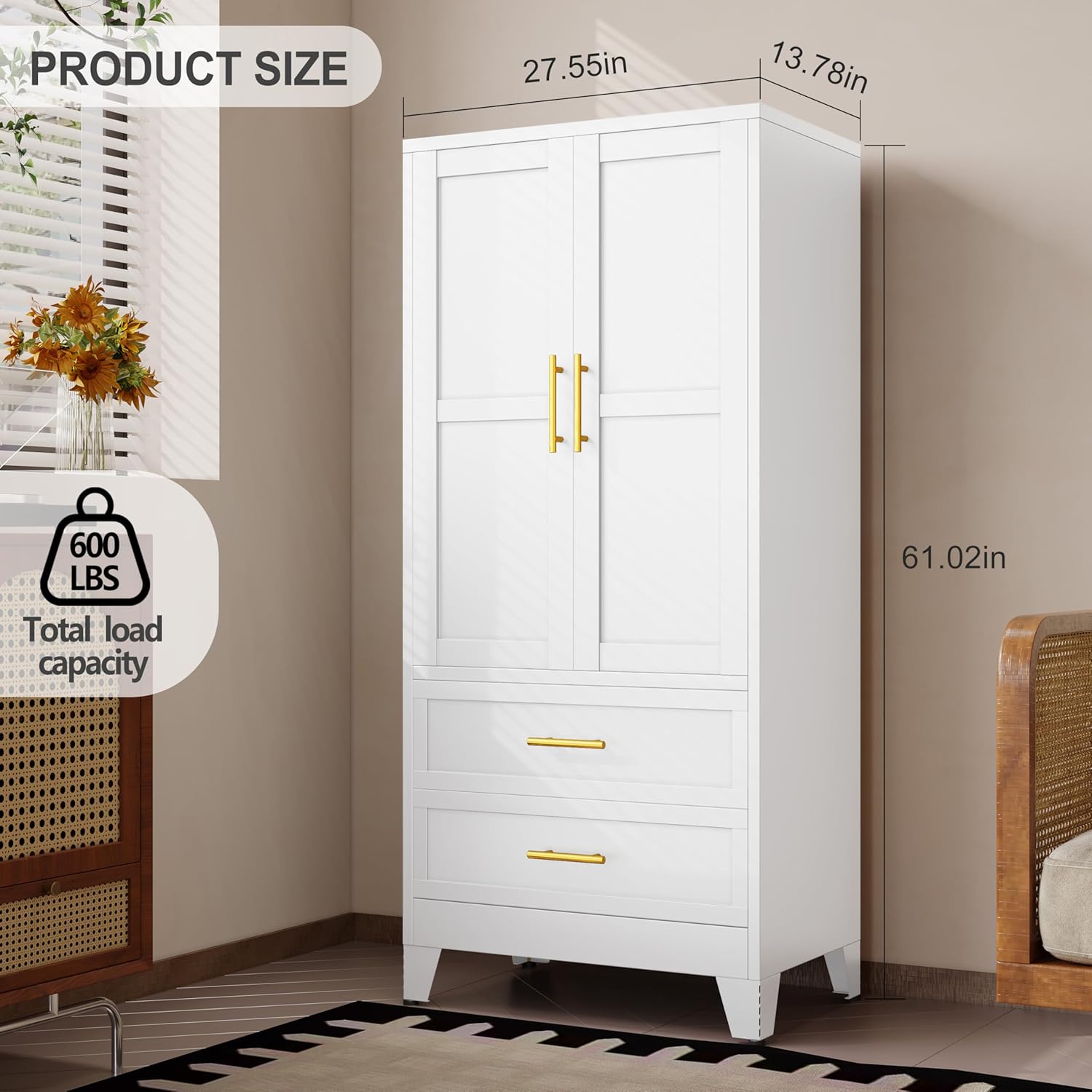 61.02" Metal Storage Cabinet, Pantry Storage Cabinets with 2 Door 2 Adjustable Shelf 2 Drawers, Steel Pantry Cabinet for Home Office Bedroom Kitchen (White), 13.78" D x 27.55" W x 61.02" H