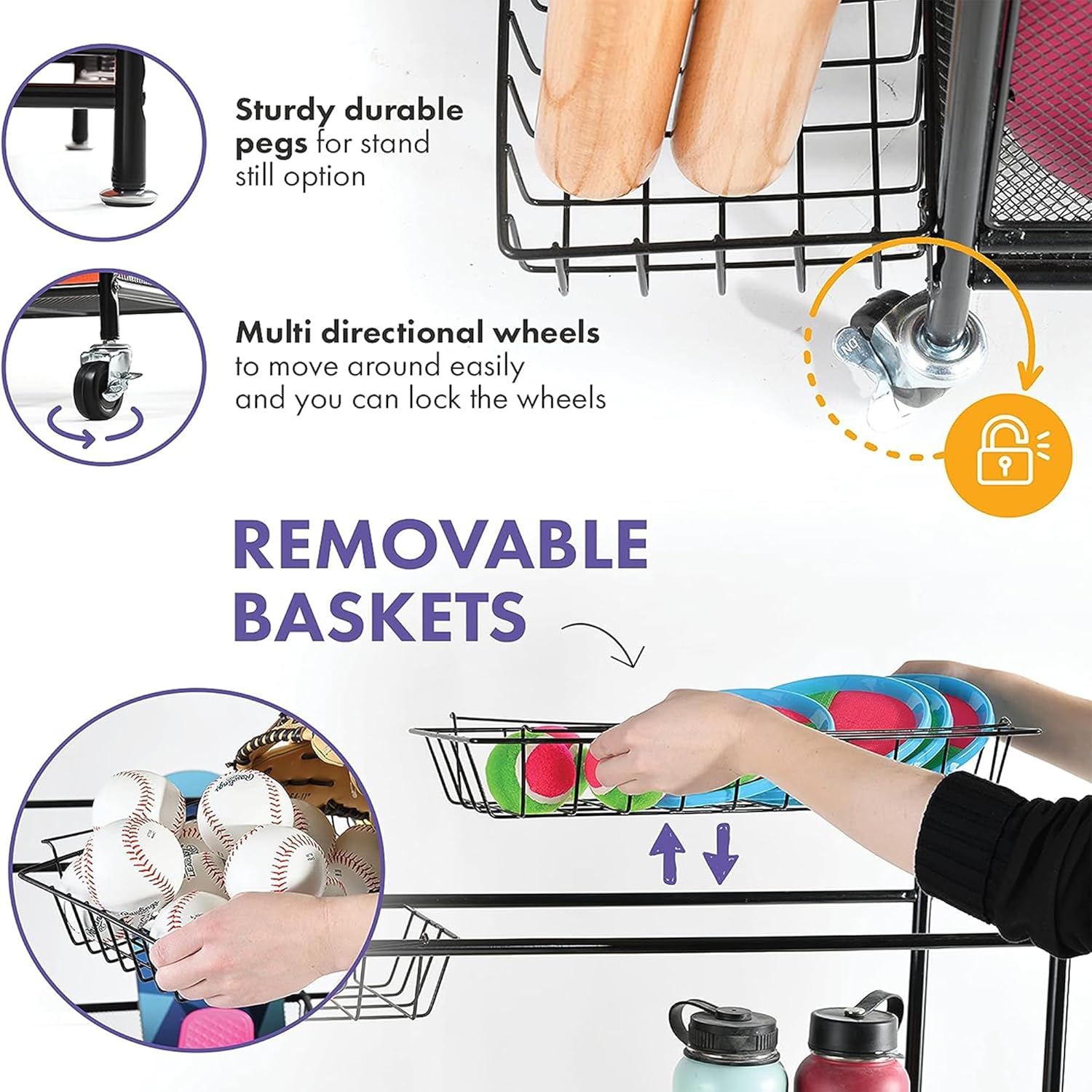 HOME IT Garage Sports Equipment Organizer - Garage Ball Storage Rack Organizer Holder with Baskets, Rolling Wheels & Breaks - Large Capacity Heavy Duty Steel Ball Storage Cart