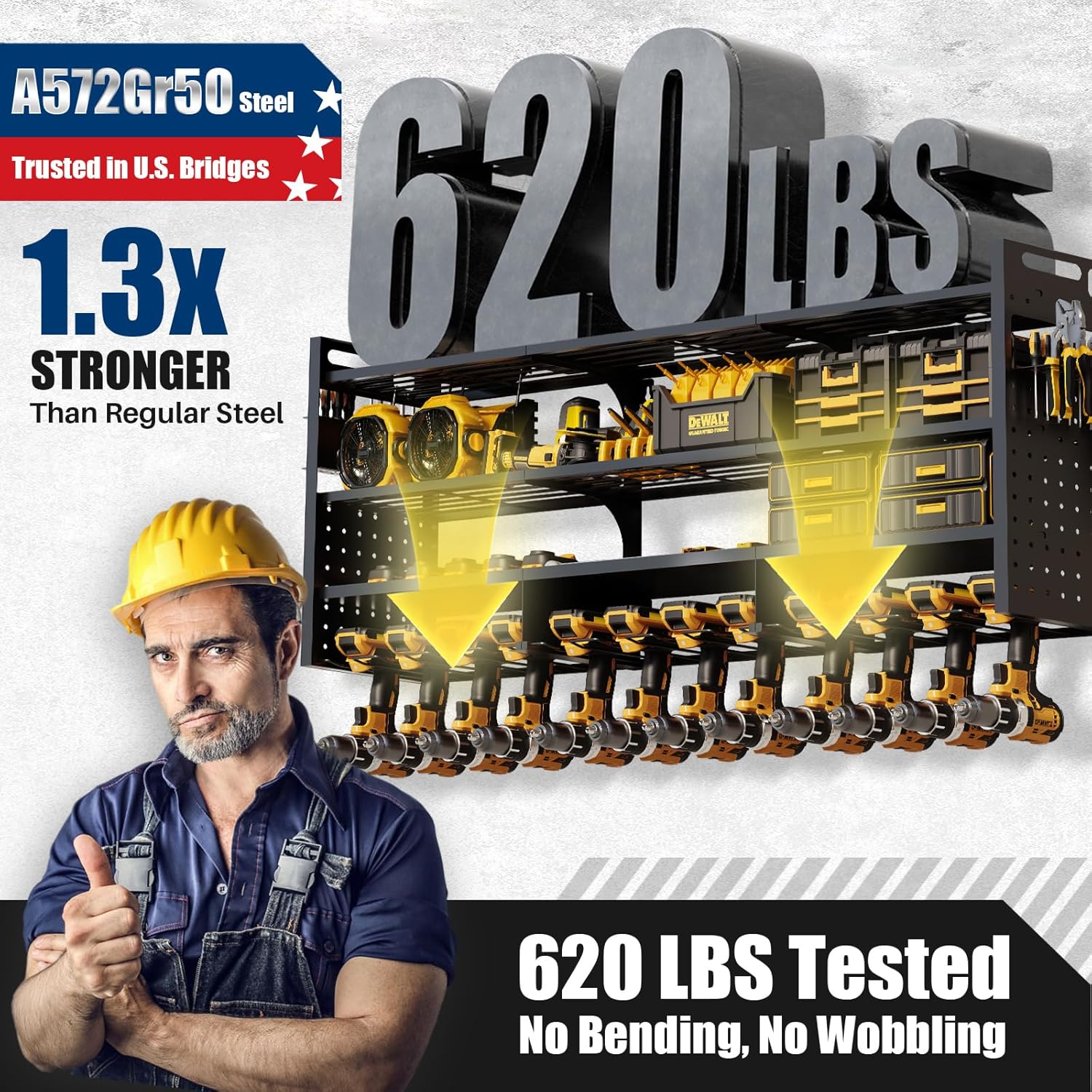 Large 49''W Power Tool Organizer Wall Mount | 620lbs Garage Storage Rack with 12 Cordless Drill Holder | 4-Tier Heavy Duty Utility Shelf for Battery Workshop Organization