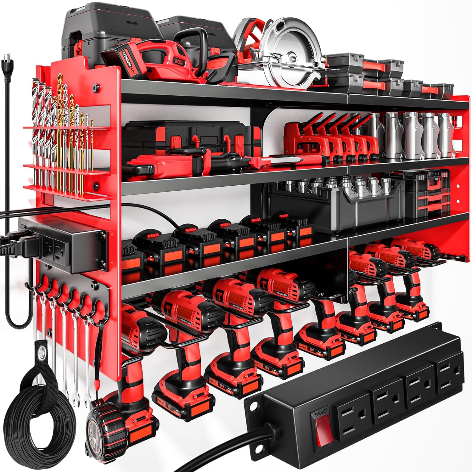 Large Power Tool Organizer Wall Mount with Charging Station,4 Layer Heavy Duty Metal Tool Storage Rack Loads 600lbs with 8 Cordless Drill Holder,Battery Utility Rack Loads with 4 Power Strip